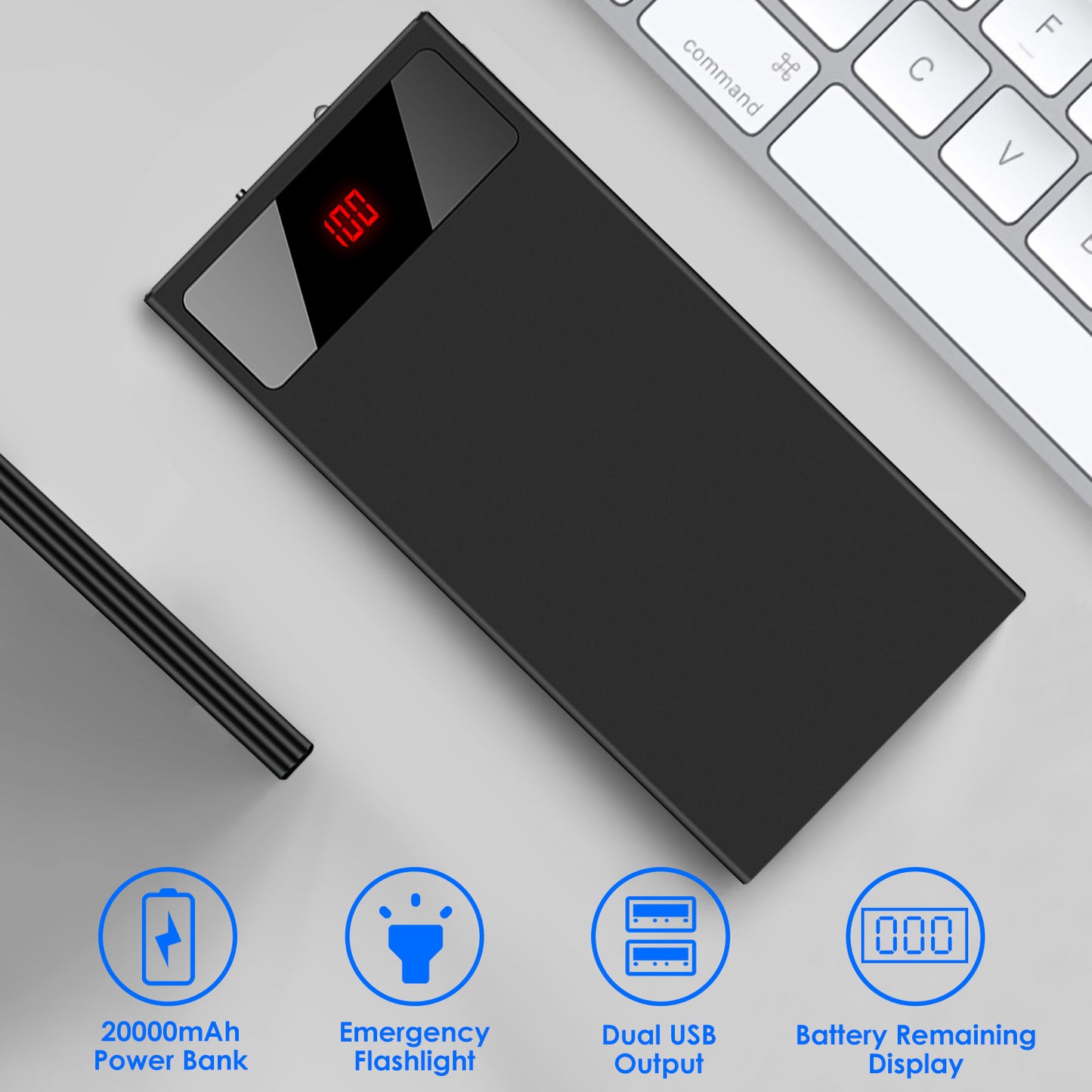 20000mAh Power Bank with Dual USB Ports and LED Flashlight