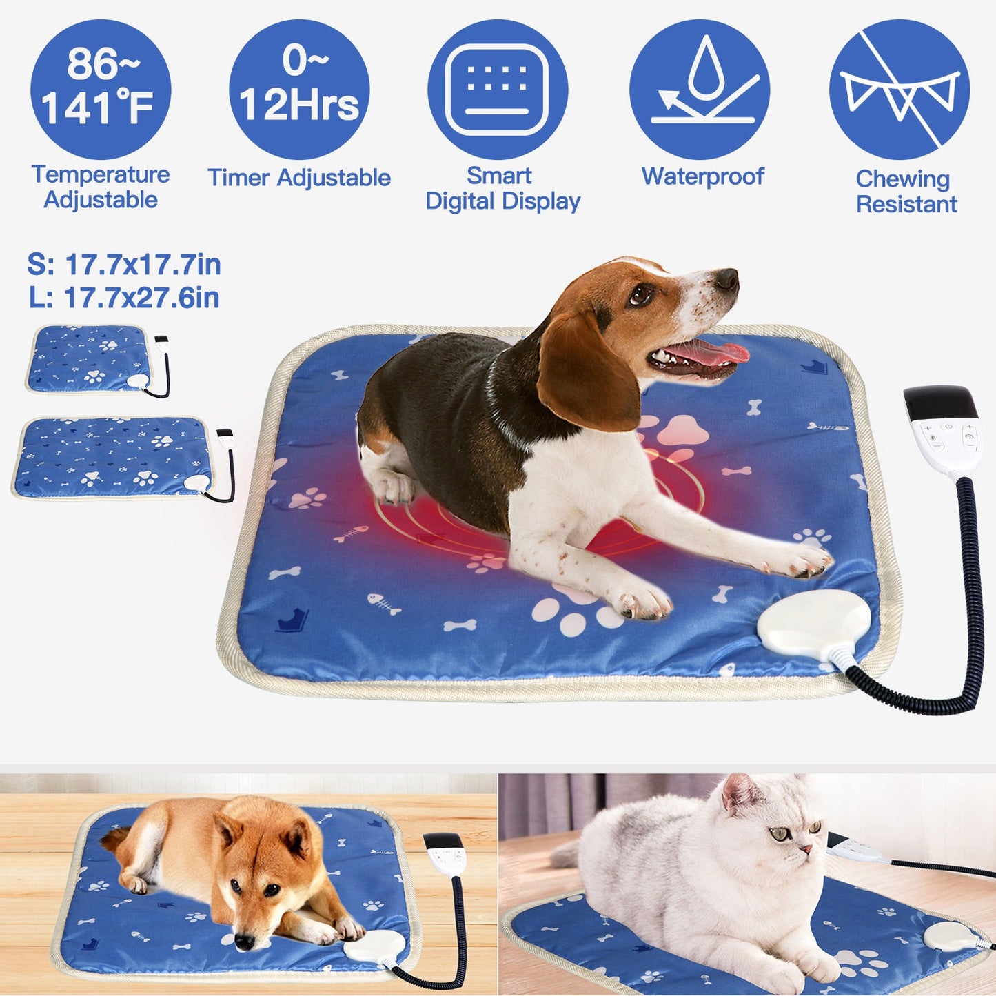Pet Heating Pad with 9 Temperature Levels & Timer Settings