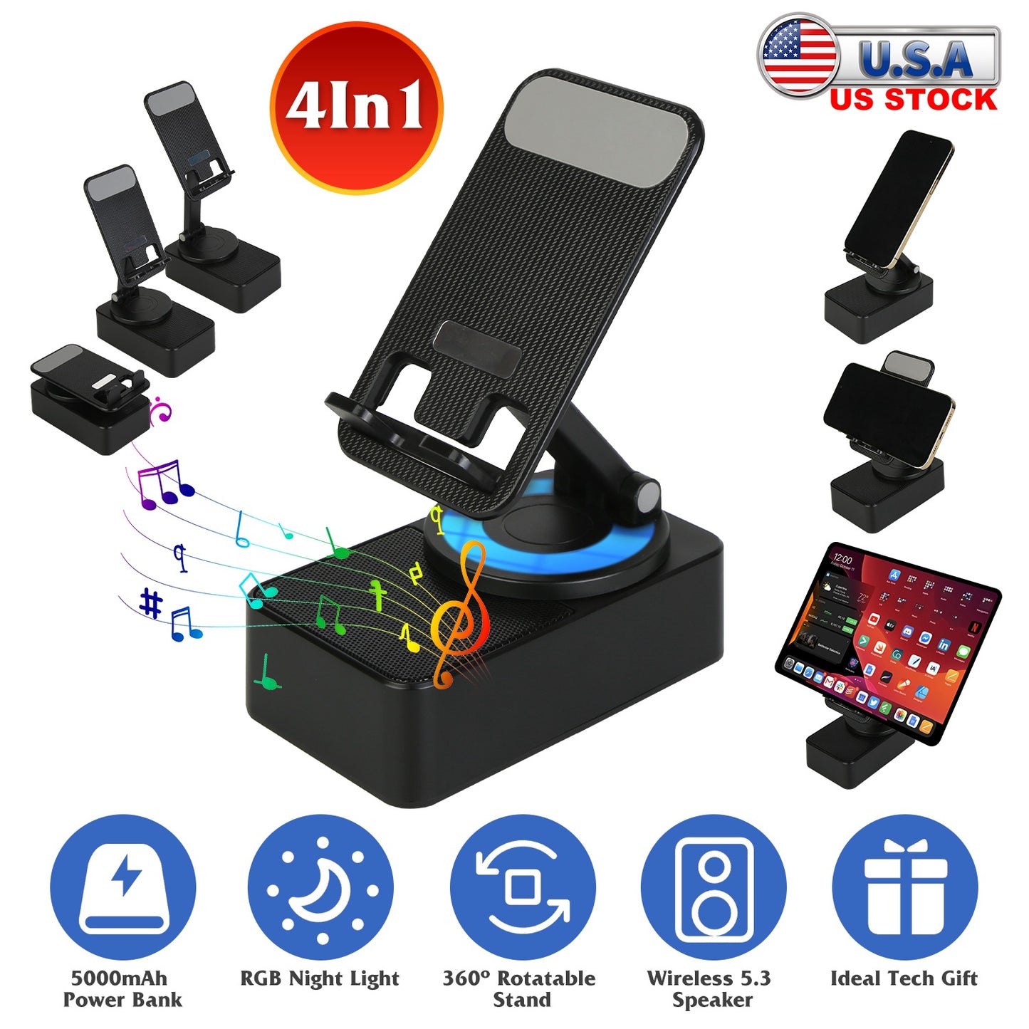 4-in-1 Wireless Speaker Phone Stand with 5000mAh Power Bank