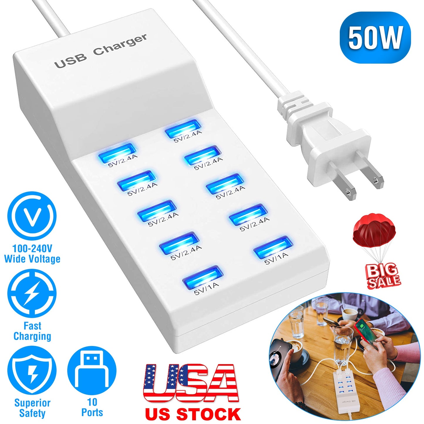 10-Port USB Charging Station Hub 50W Multi-Device Wall Charger
