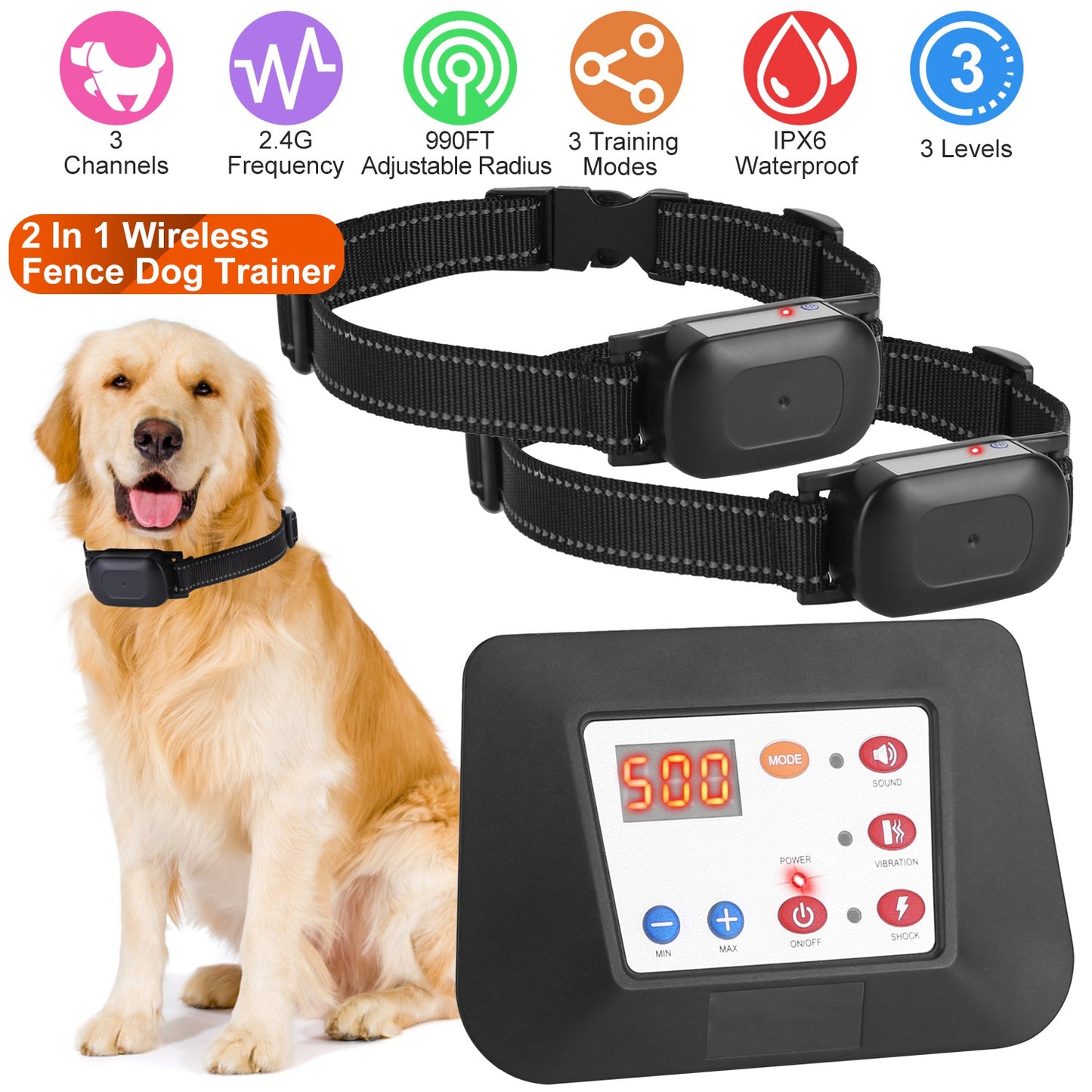 Wireless Dog Fence & Training Collar System 990FT Range