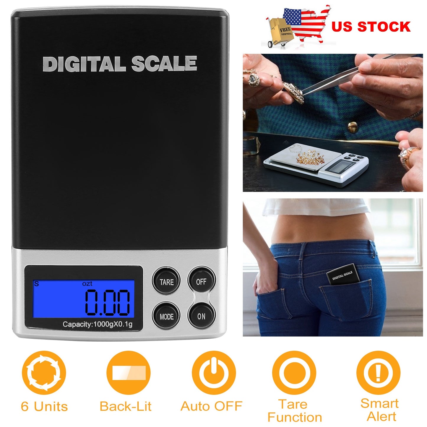 Digital Pocket Scale 1000g x 0.1g with LCD Backlit Display