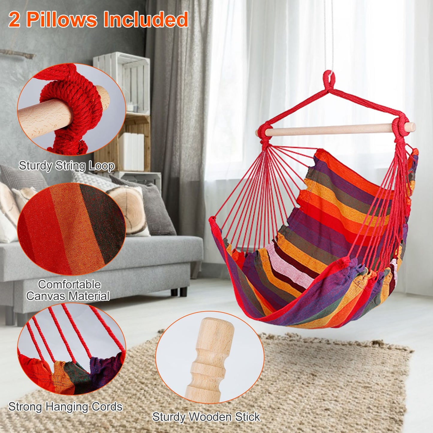 Hanging Hammock Chair with Pillows – 265 lbs Capacity
