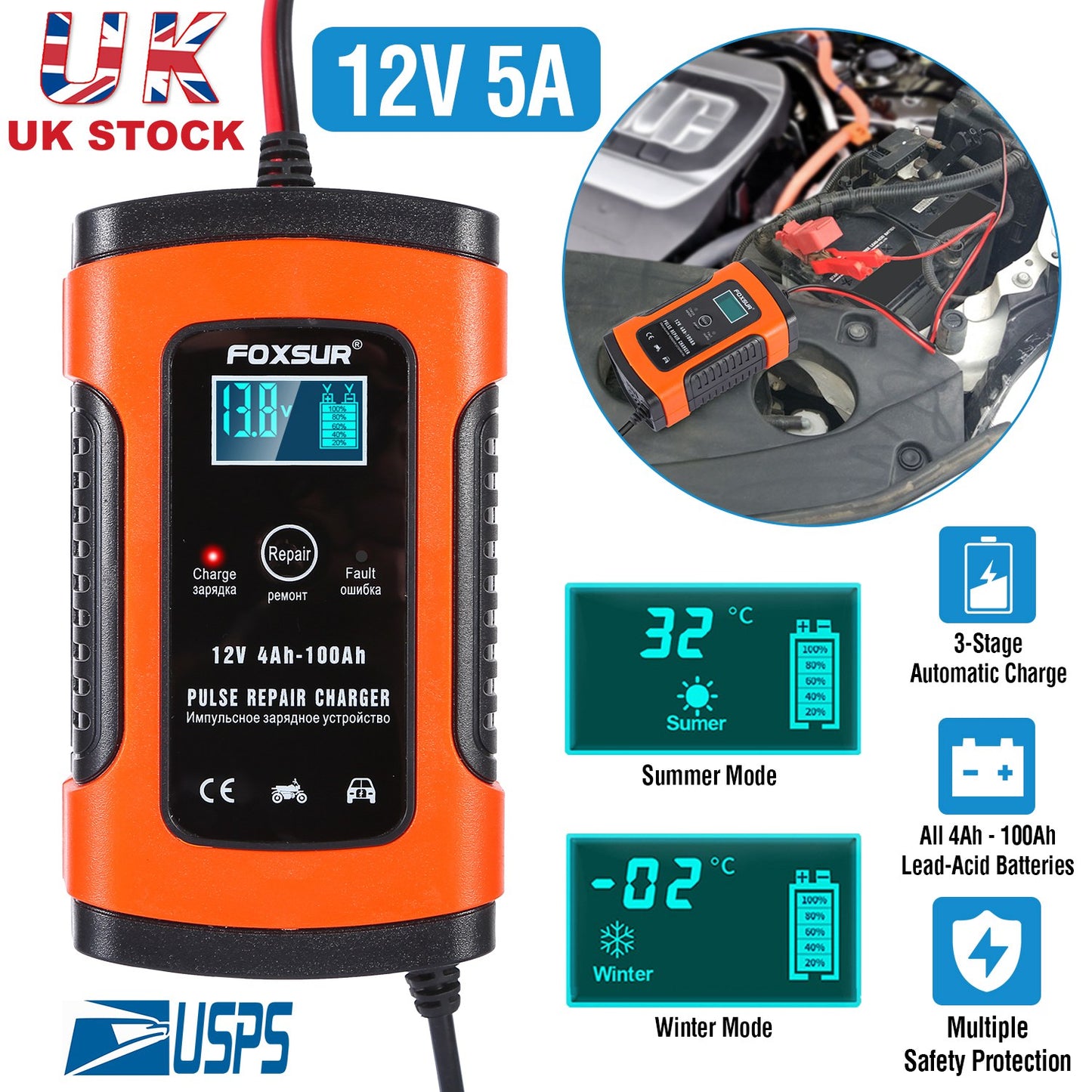 12V 5A Battery Charger with LCD Display and Pulse Repair