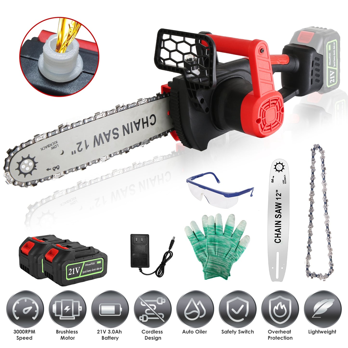 12-Inch Cordless Electric Chainsaw with 2 Batteries & Charger