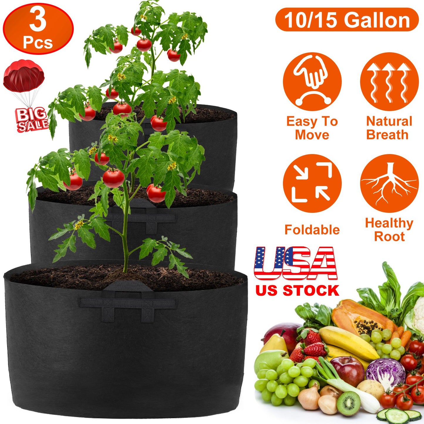 Plant Grow Bags 10 Gallon - 3 Pack Fabric Planter Pots