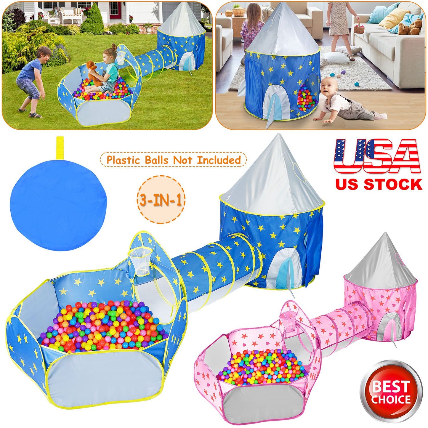 Kids Play Tent 3-in-1 with Tunnel and Ball Pit