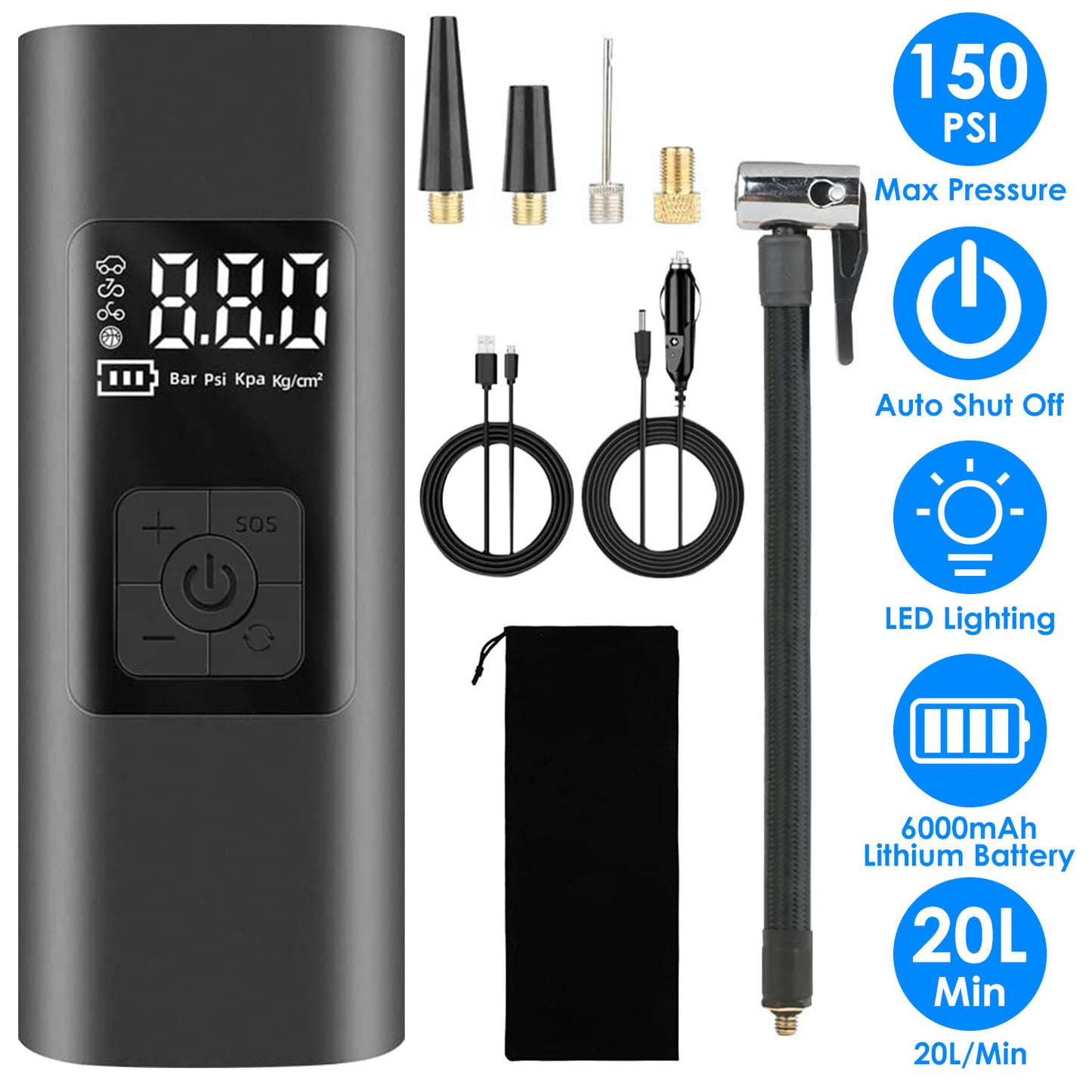 Cordless Tire Inflator 150PSI with 6000mAh Battery