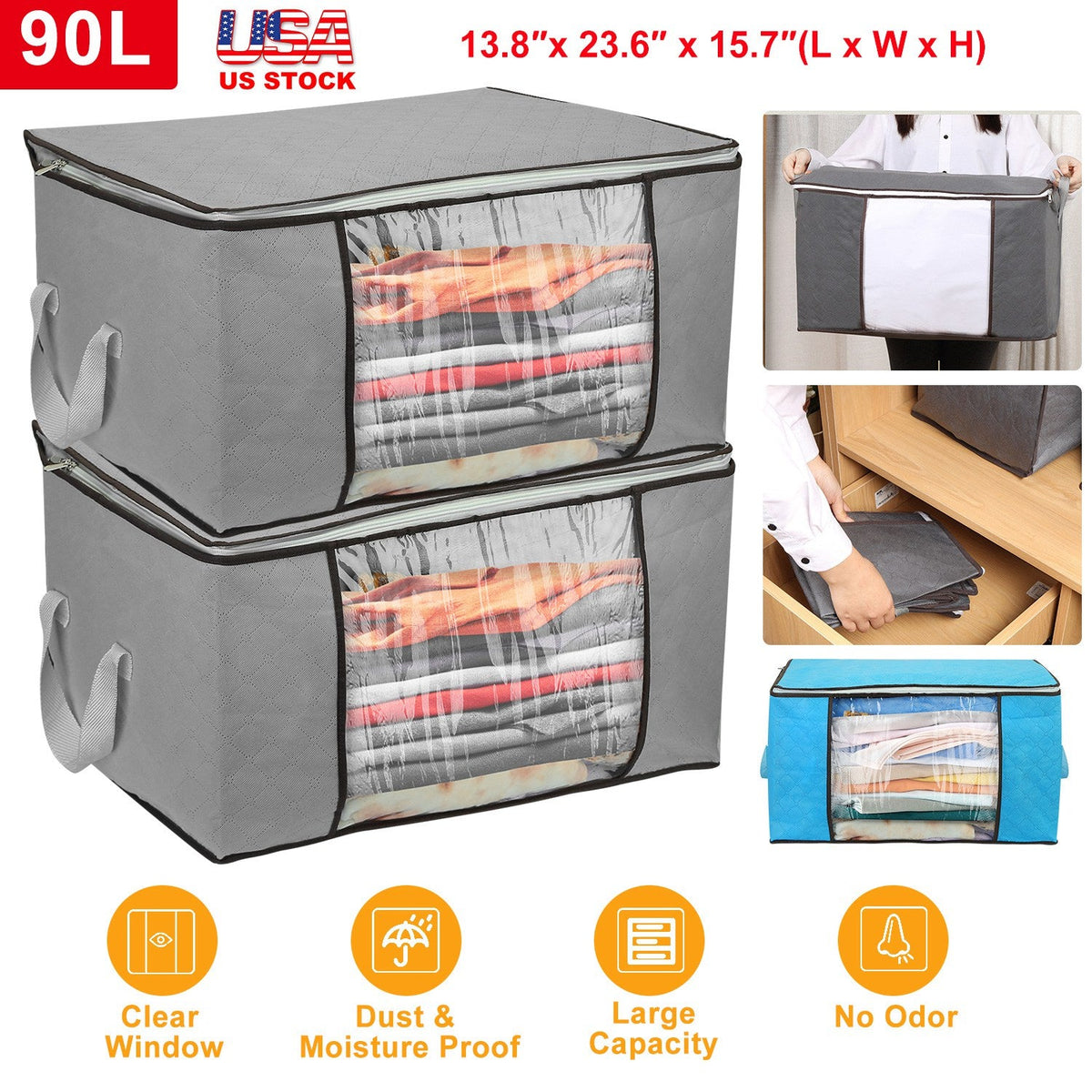 2Pcs Clothes Storage Bag 90L Large Capacity Foldable Closet Organizer w/ Thick Fabric Clear Window Dual-Zipper for Clothes Comforters Blankets Bedding