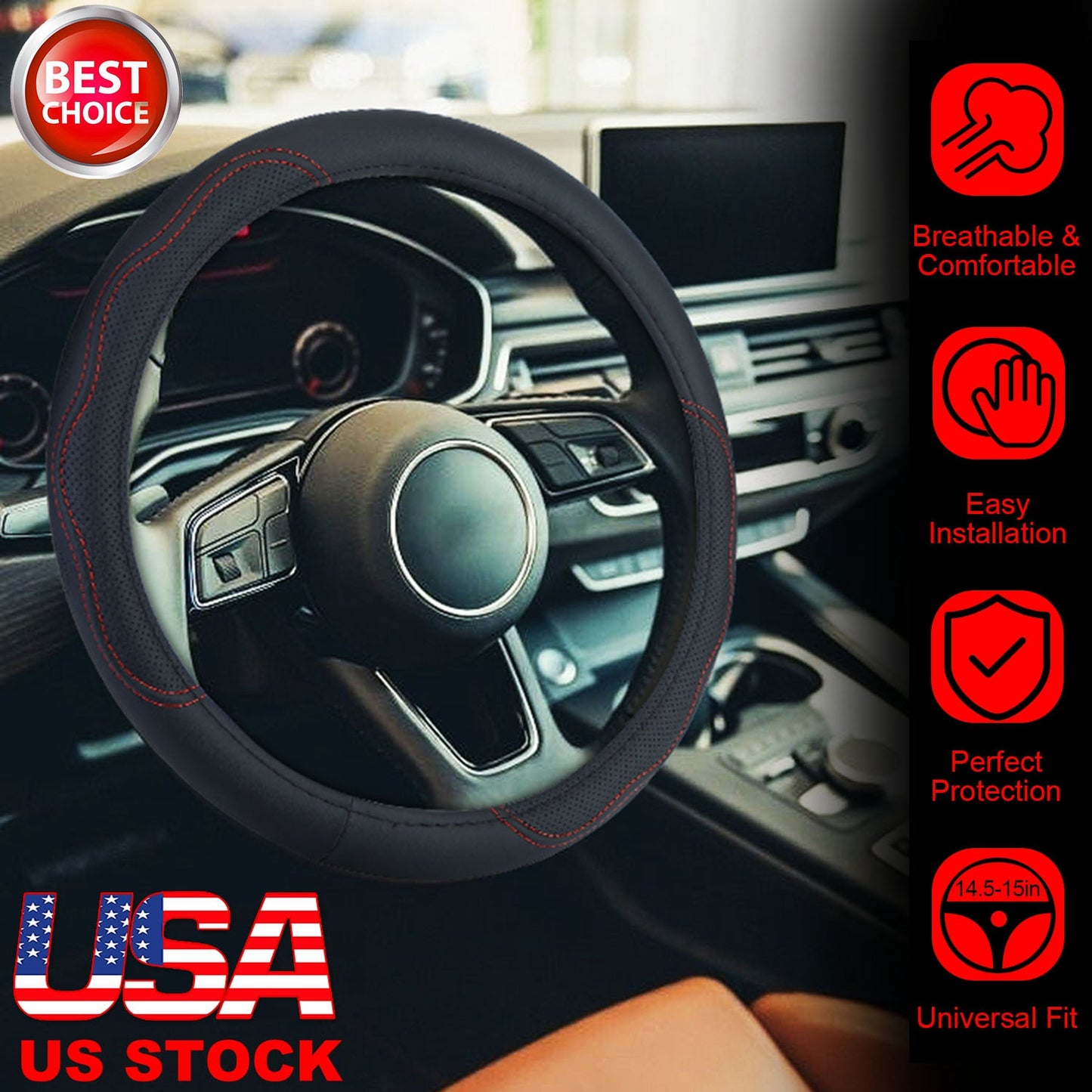 Steering Wheel Cover 14.5-15" Universal Fiber Leather
