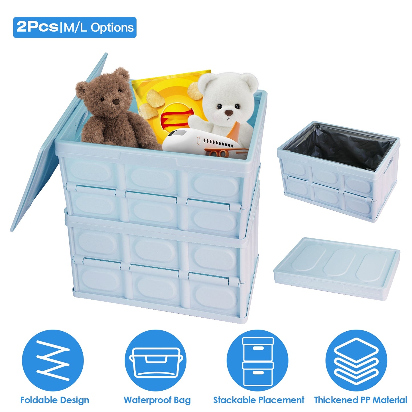Collapsible Storage Bins with Lids - 2 Pack Stackable Organizer