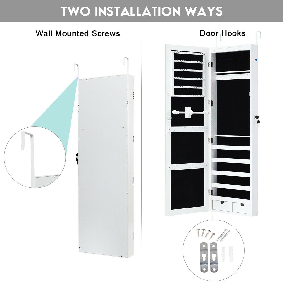 LED Mirrored Jewelry Cabinet with Lock - Door/Wall Mount