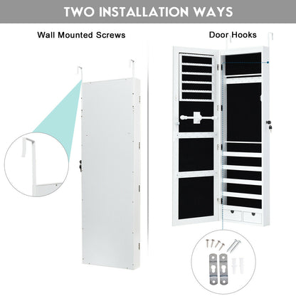LED Mirrored Jewelry Cabinet with Lock - Door/Wall Mount