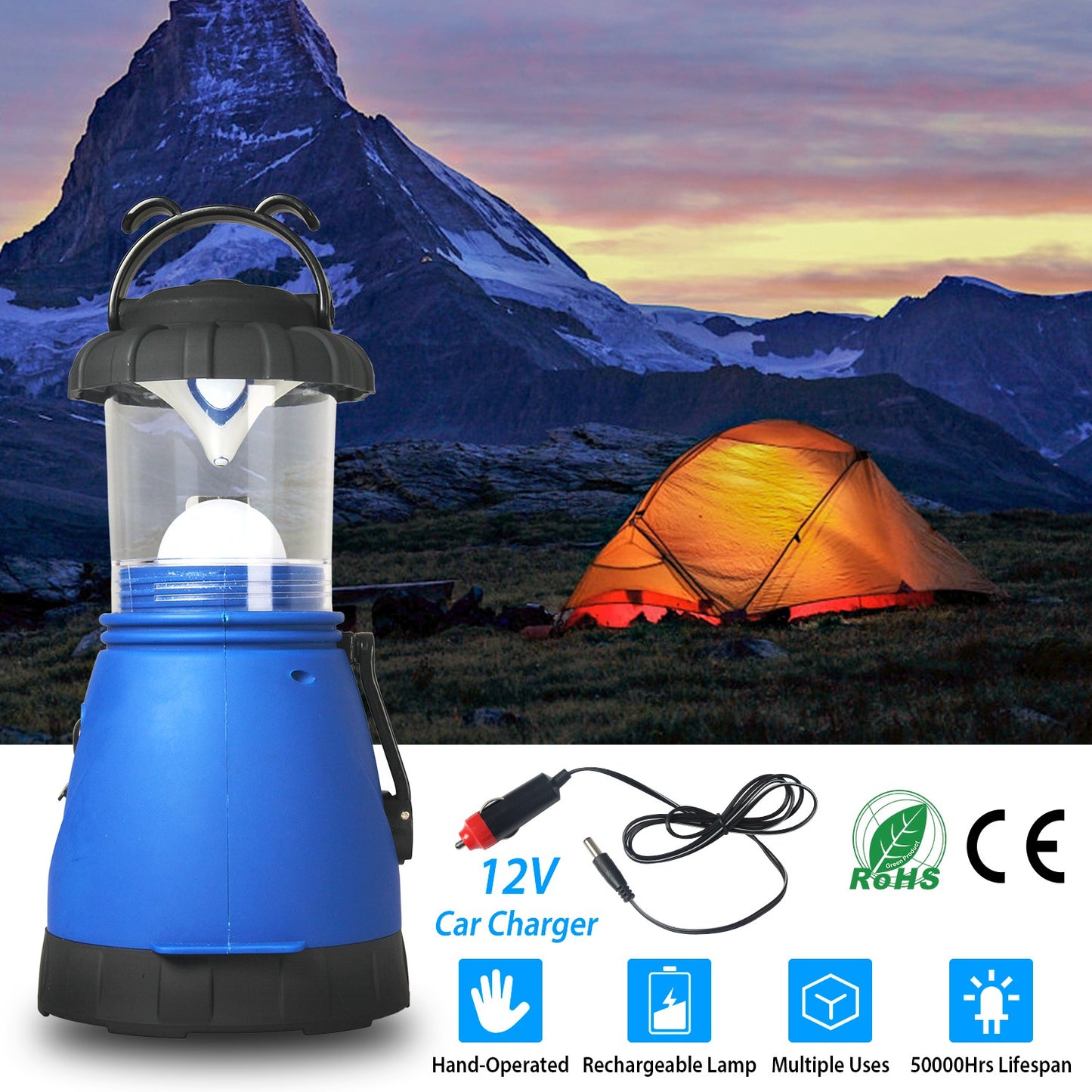 Hand Crank Camping Lantern with Spotlight & Car Charger
