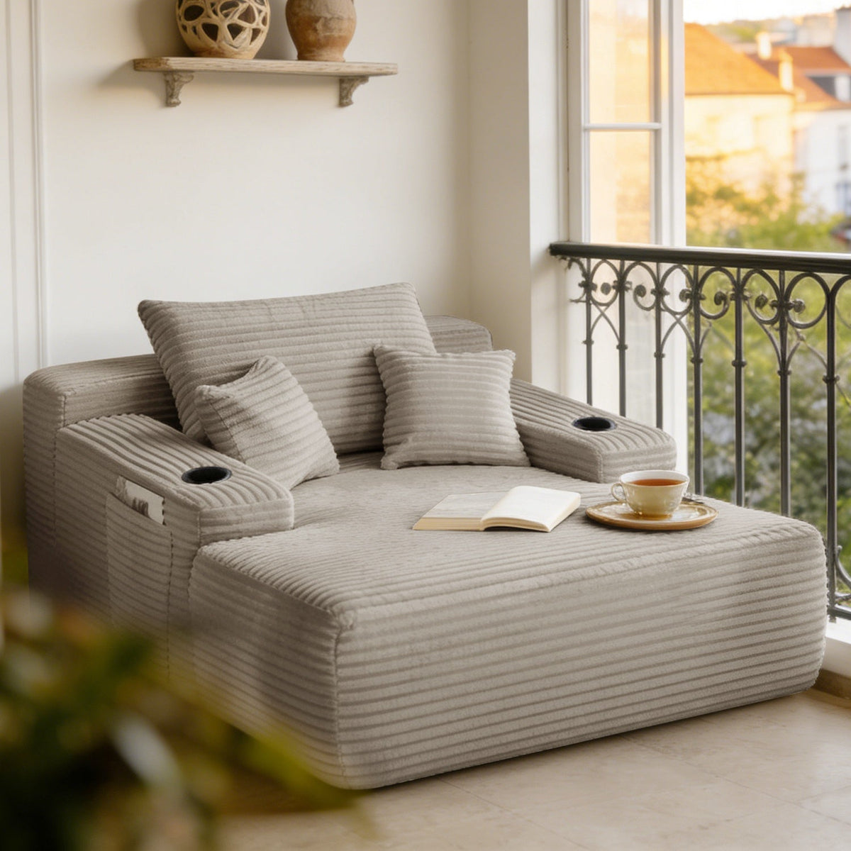Convertible Chaise Lounge Sleeper Sofa with Cup Holders & Pillows