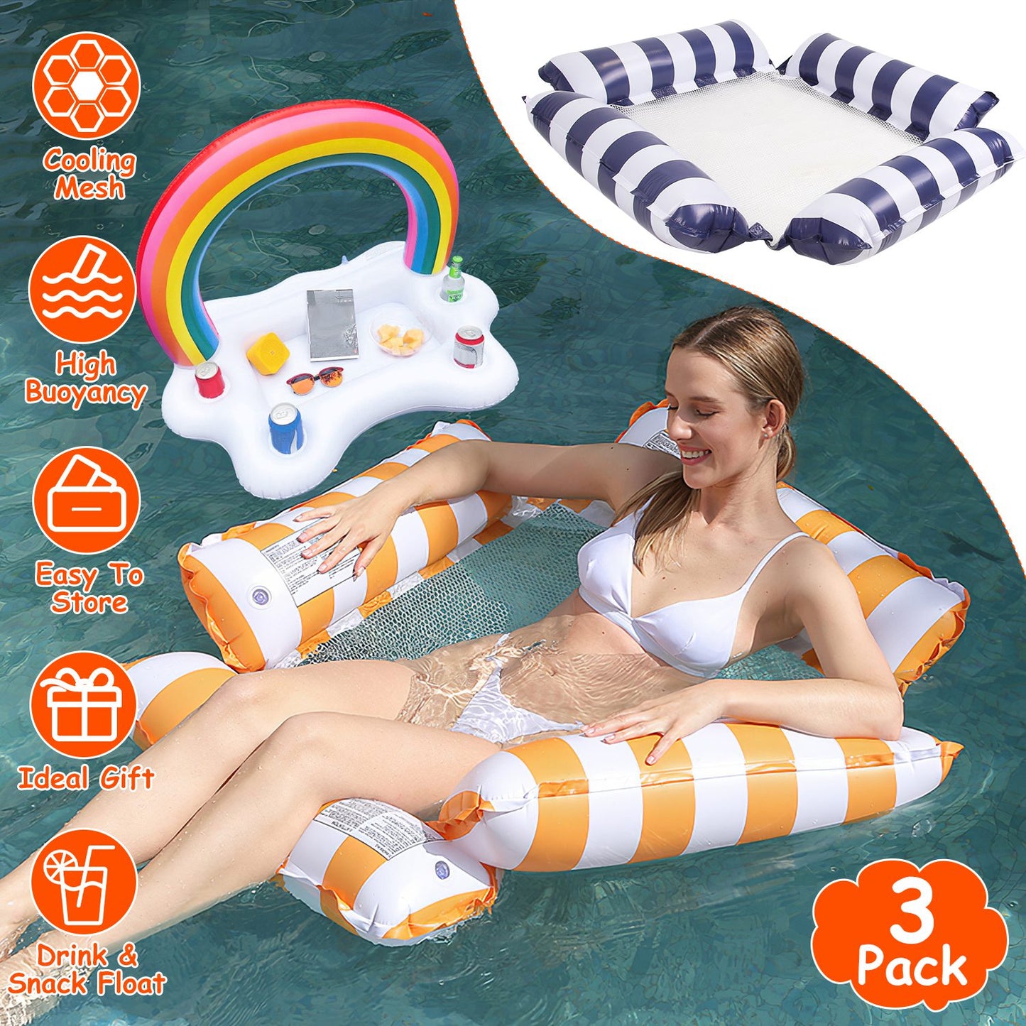 Inflatable Pool Float Set - 2 Hammocks & Drink Holder