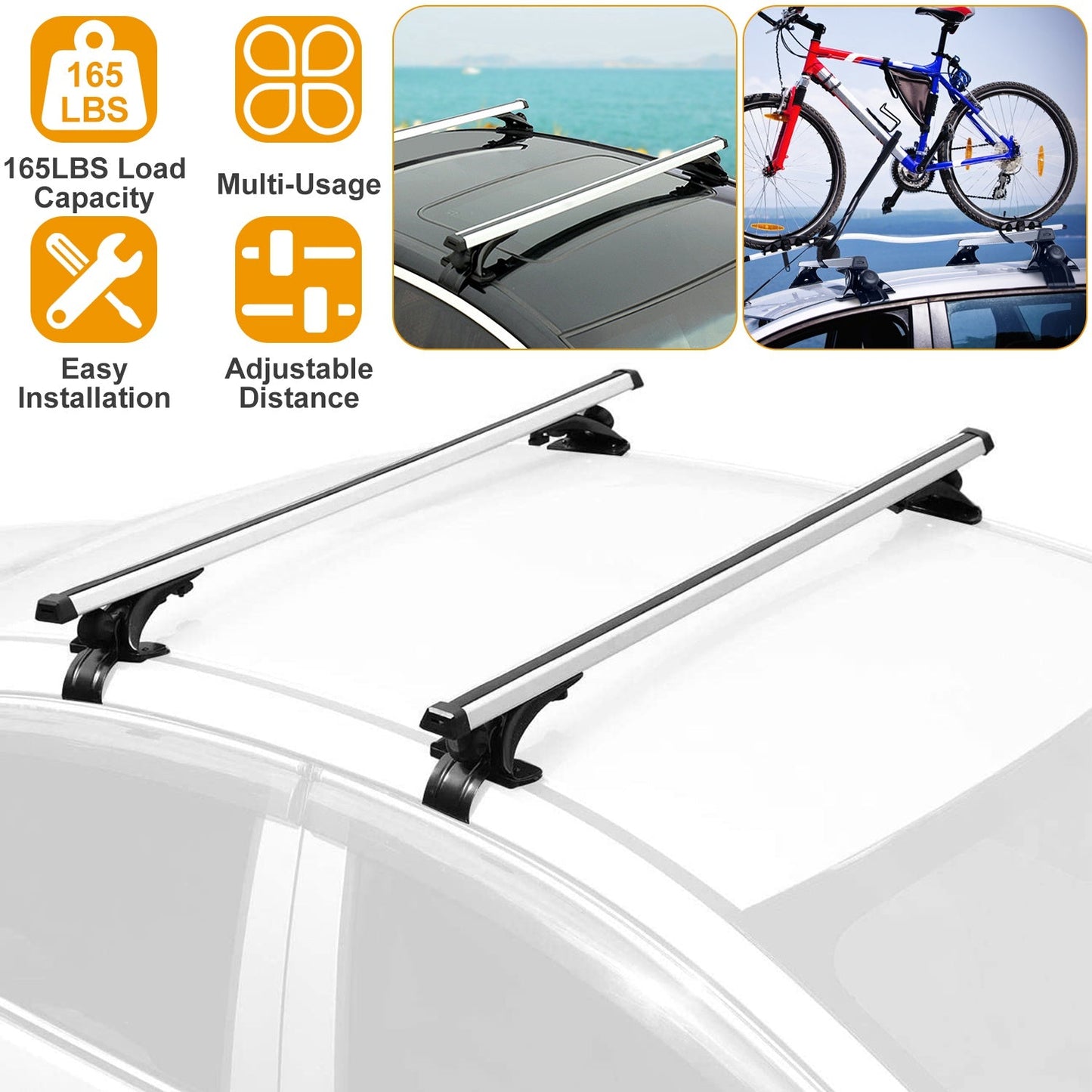 47.24in Universal Top Roof Rack Cross Bar Cargo Carrier Aluminum Crossbar Rack w/ 165LBS Capacity Fit for Most Vehicle Wagon Car Without Roof Side Rai