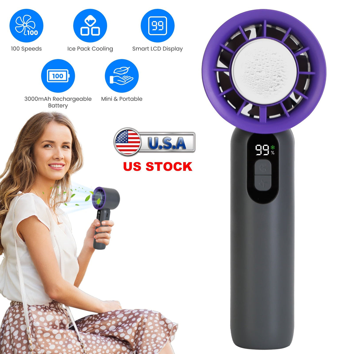 100 Speed Handheld Fan With Ice Cooler High Speed Turbo Fan 3000mAh Rechargeable Hand Fan with LCD Display for Travel Camping Beach Outdoor