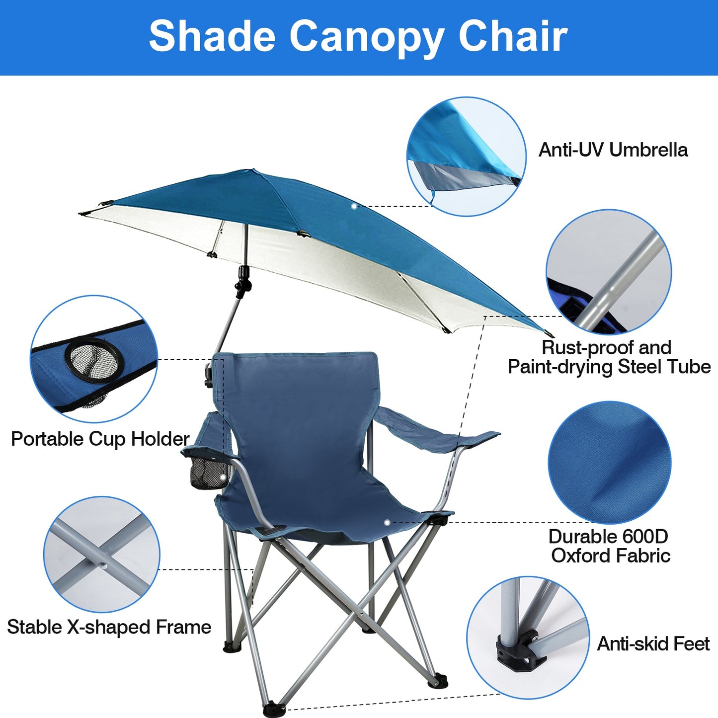 Folding Beach Chair with Detachable Umbrella and Cup Holder