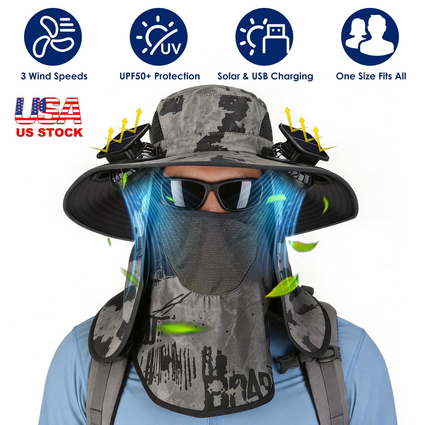 Solar Fan Hat with UPF50+ Sun Protection and Neck Flap