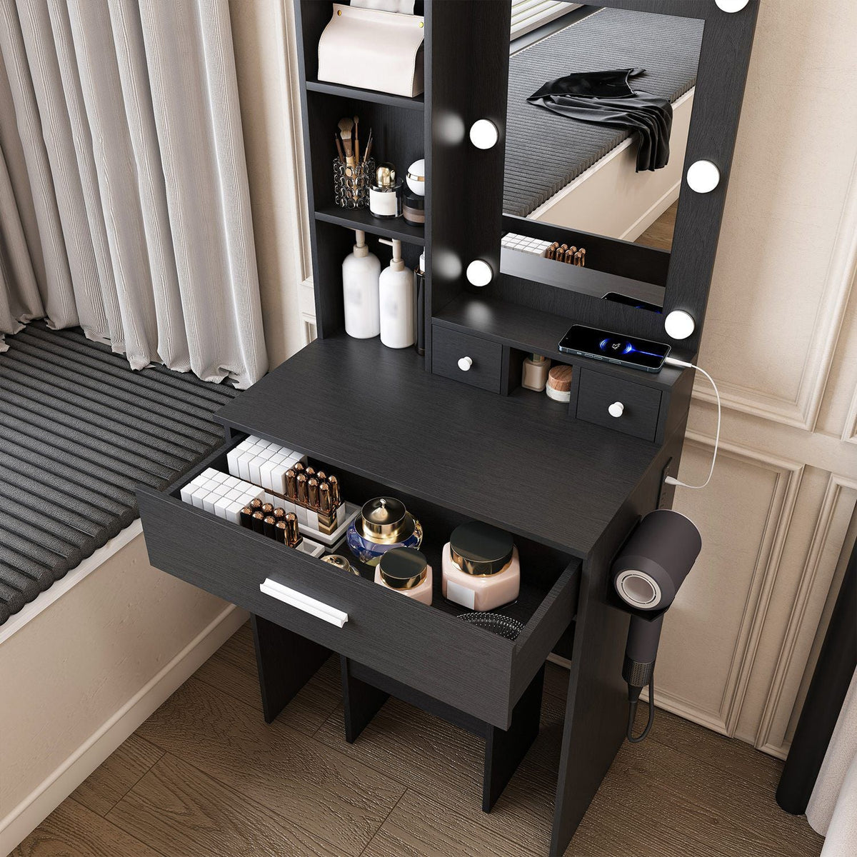 Vanity Desk Set with LED Lighted Mirror & Padded Stool