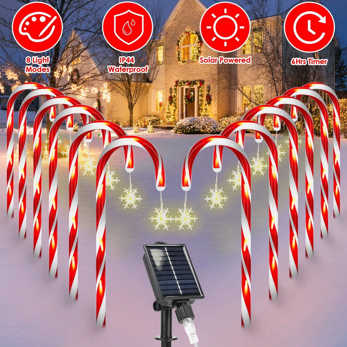 Solar Candy Cane Christmas Lights - 12 Canes, 72 LEDs, 8 Modes