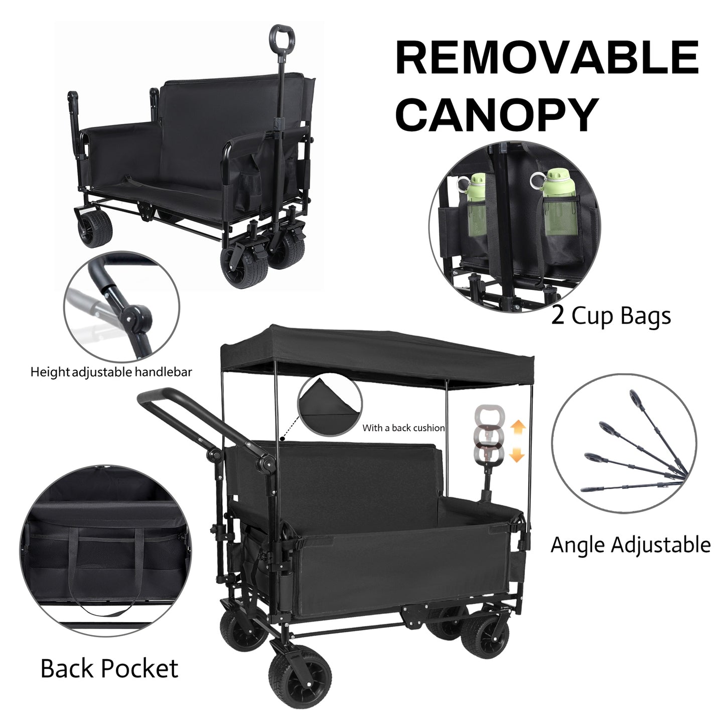 Folding Wagon Cart with Bench Seat & Canopy - 500lbs Capacity