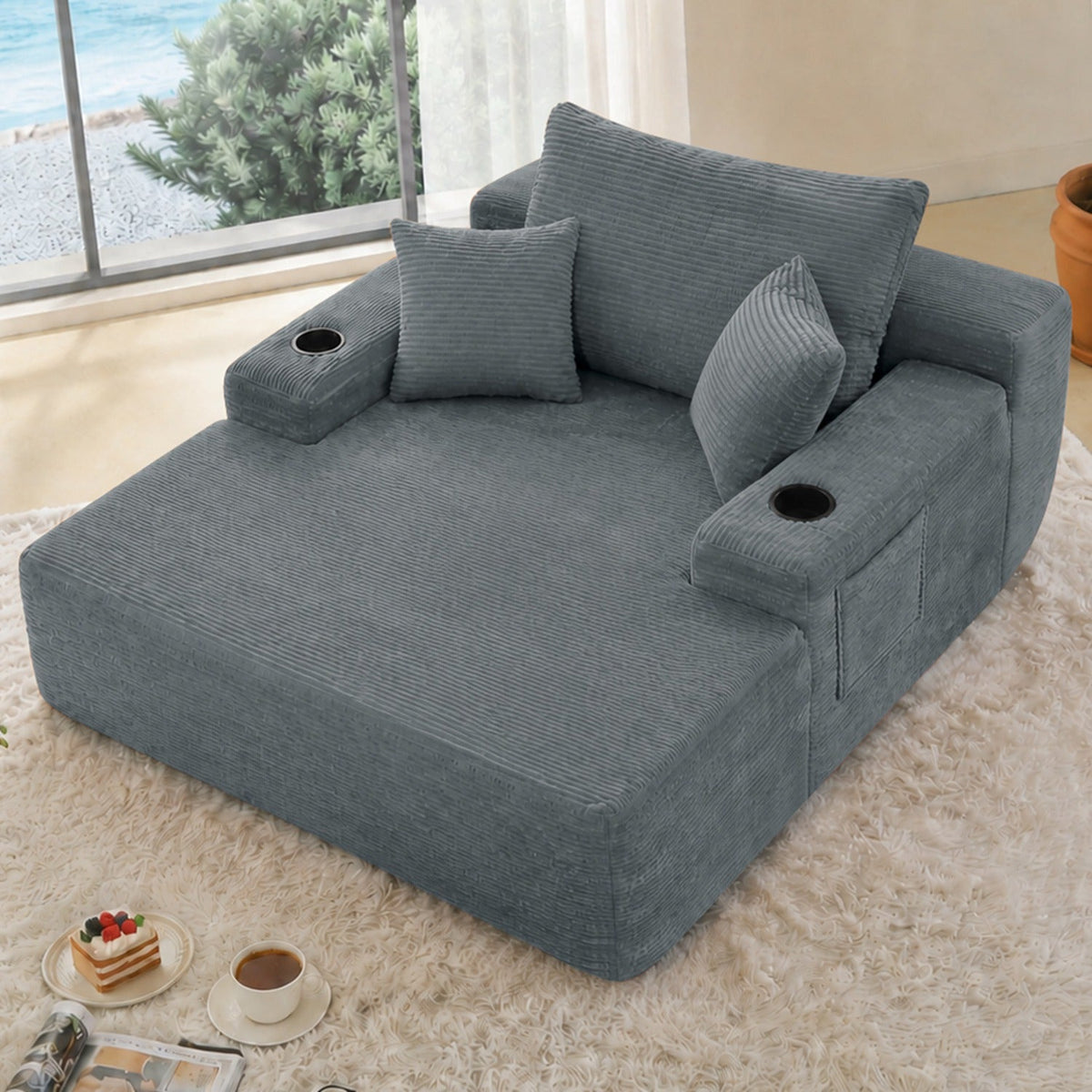 Convertible Chaise Lounge Sleeper Sofa with Cup Holders & Pillows