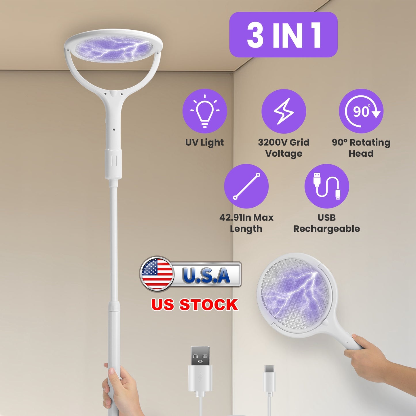 Electric Bug Zapper Racket with 90° Rotating Head & Extension