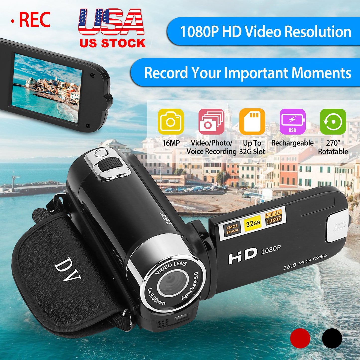 Digital Video Camcorder 1080P HD with 16X Zoom & Fill Light