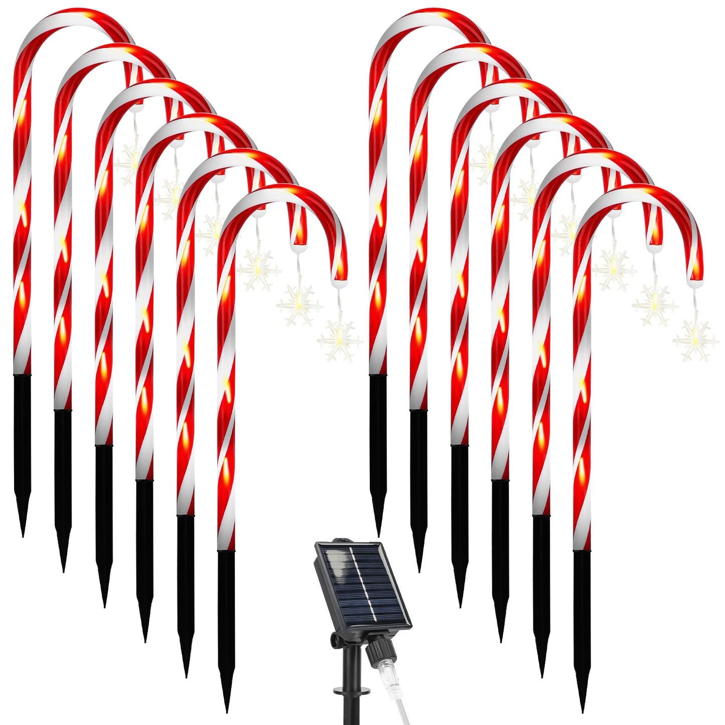 Solar Candy Cane Christmas Lights - 12 Canes, 72 LEDs, 8 Modes