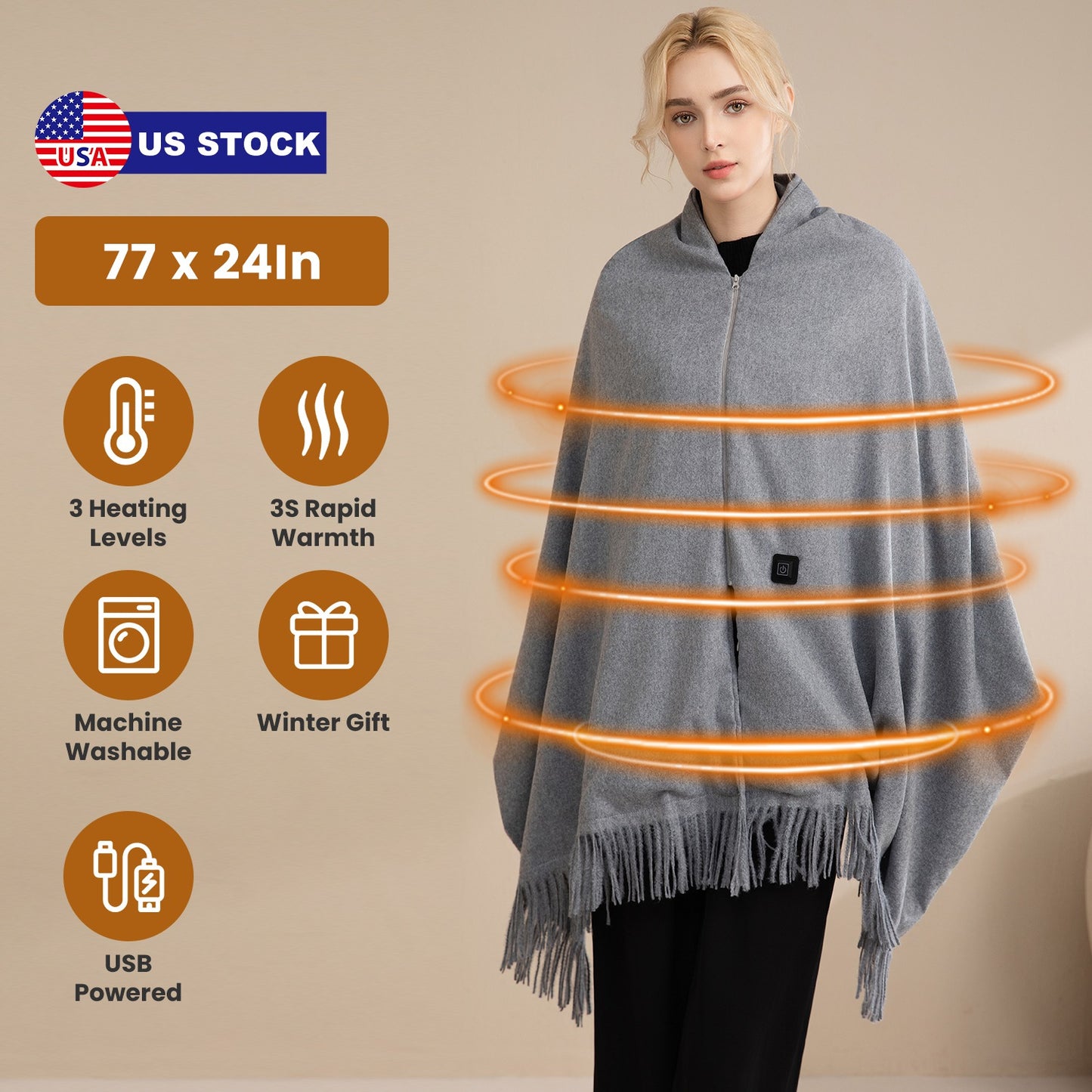 USB Heated Shawl with 3 Heat Levels and Zipper