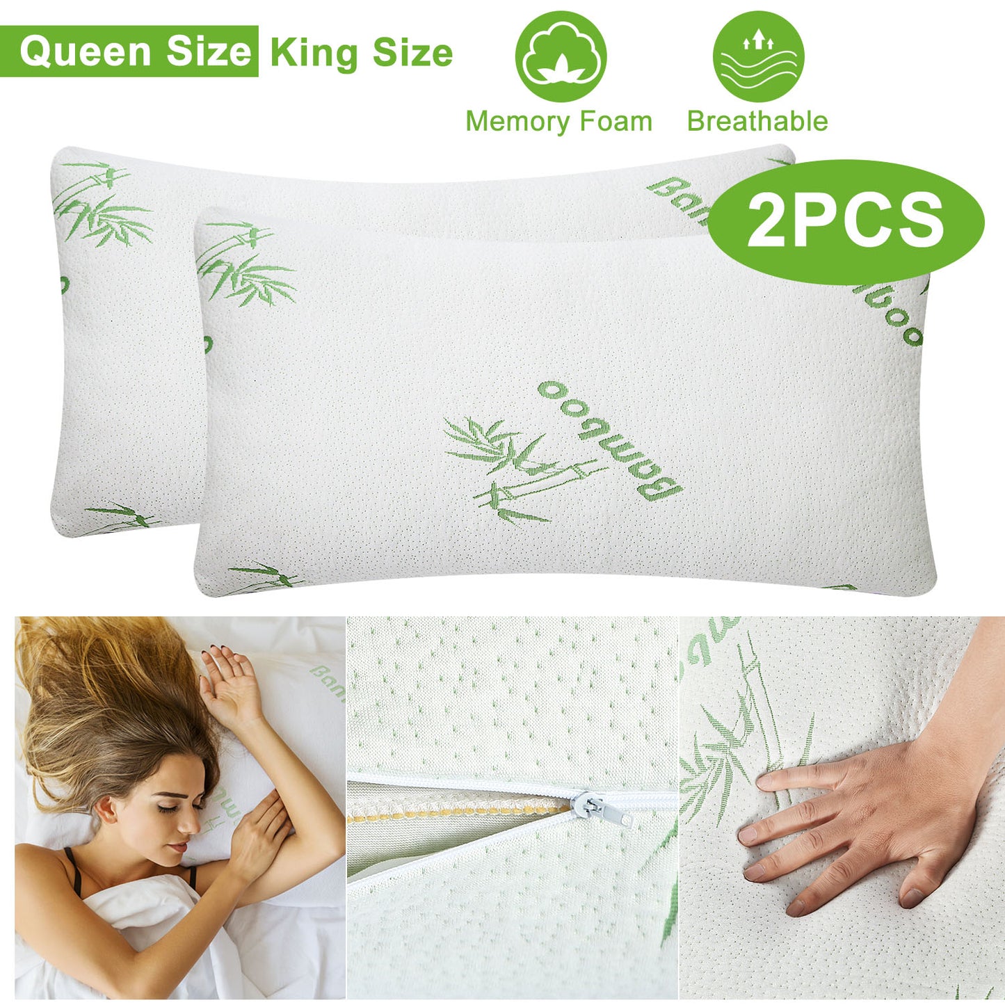 Memory Foam Pillow Set with Bamboo Cover - Queen Size (2-Pack)