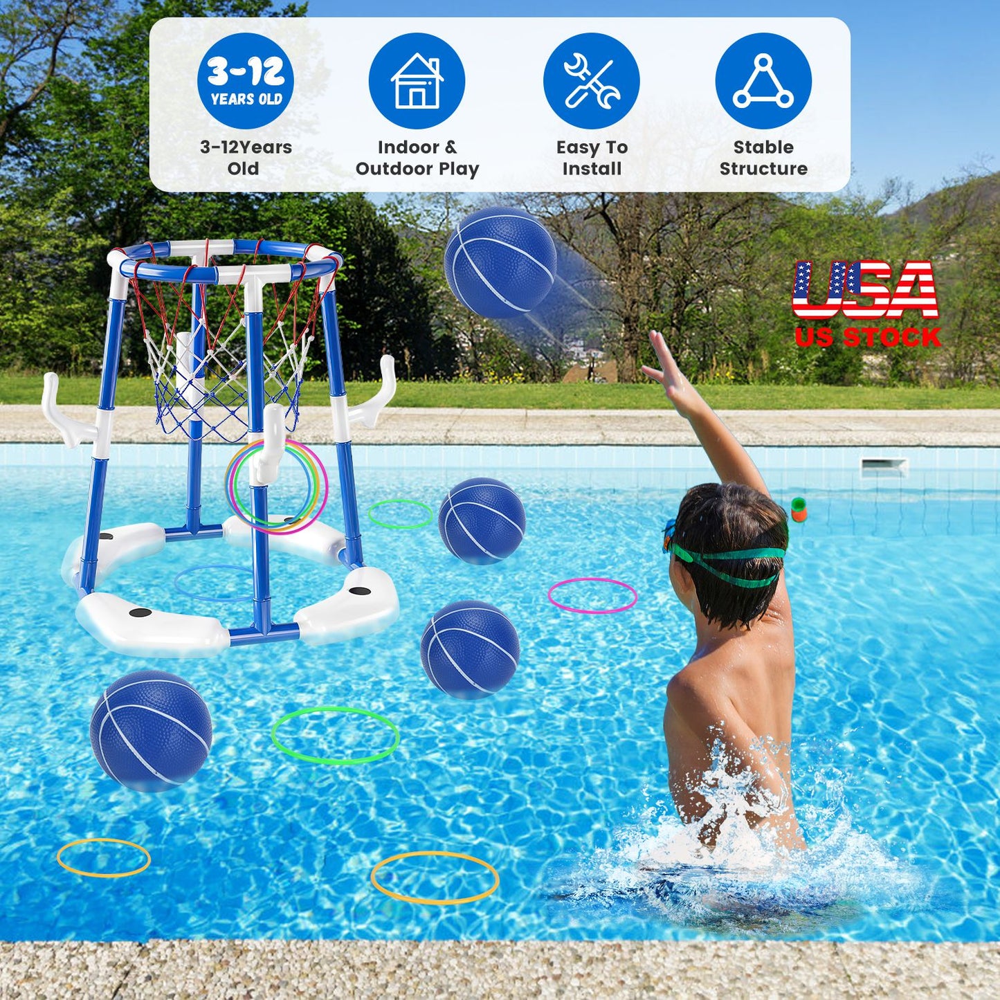 Pool Basketball Hoop Set with 4 Balls & Pump for Kids