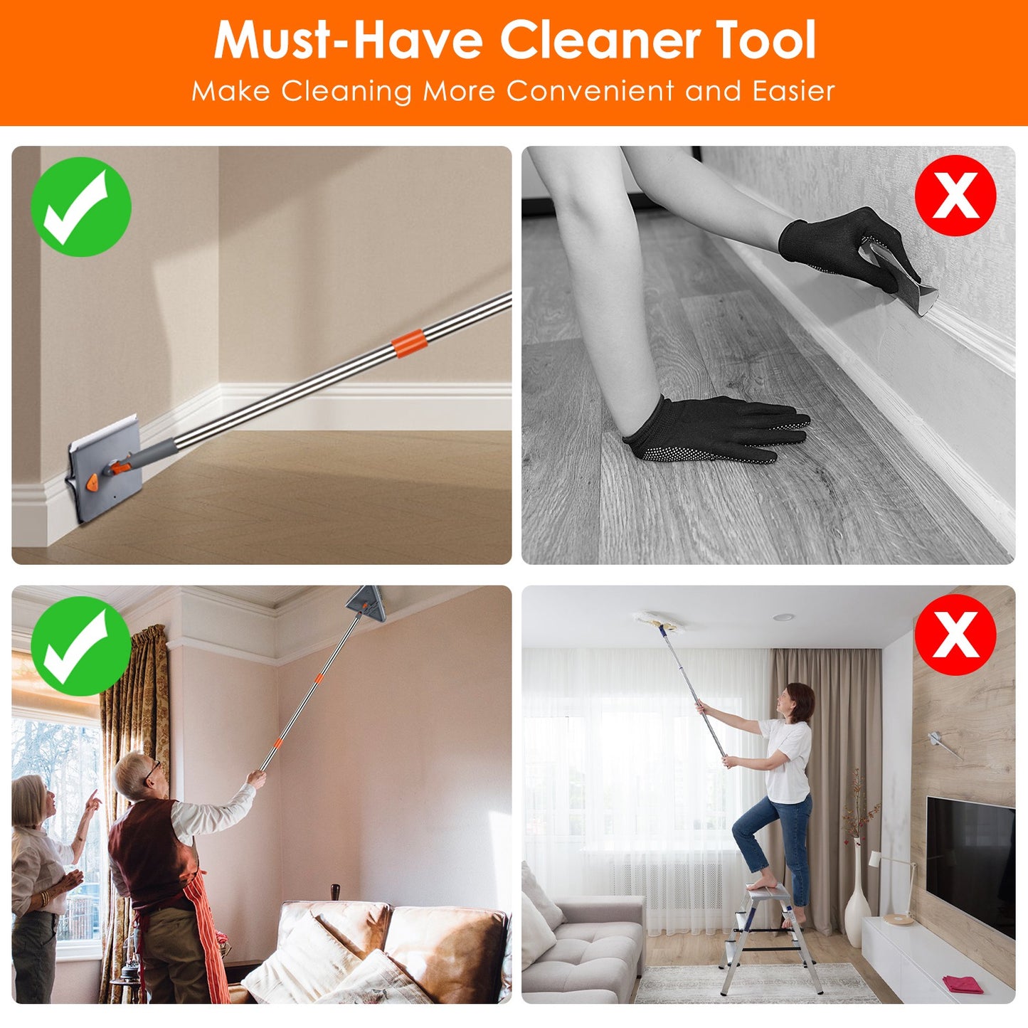Baseboard Cleaner Mop with Extendable Handle & 8 Reusable Pads
