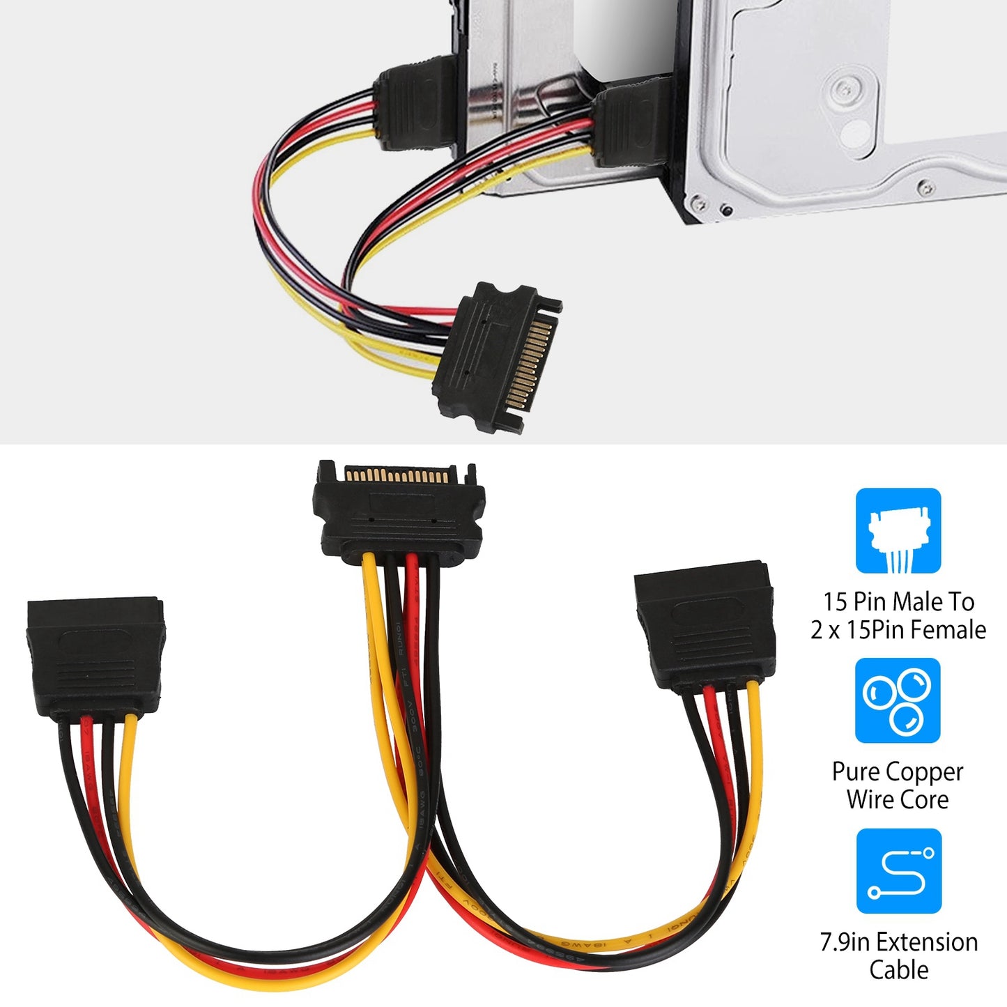 15-Pin SATA Power Y Splitter Cable Adapter - 7.9 Inch