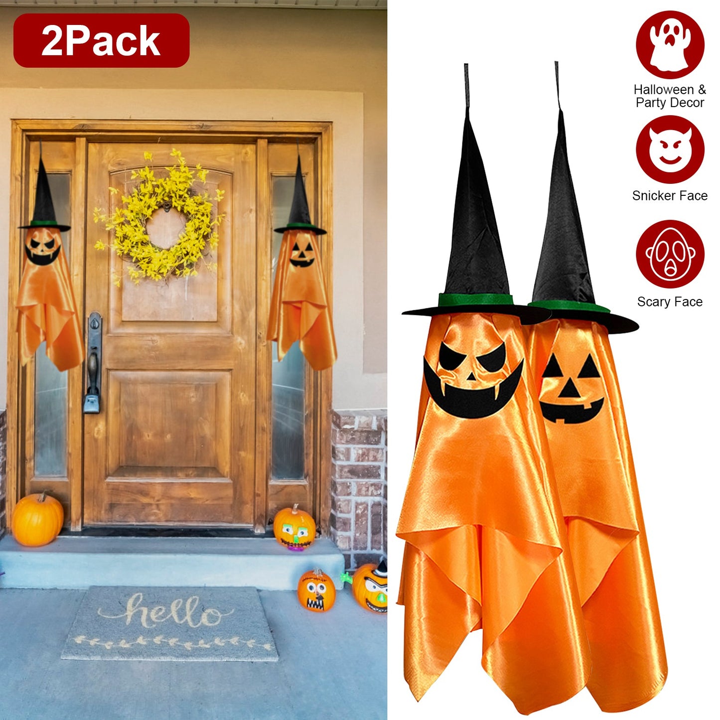 Hanging Pumpkin Wizard Hat Ghosts - 2 Pack Halloween Decoration