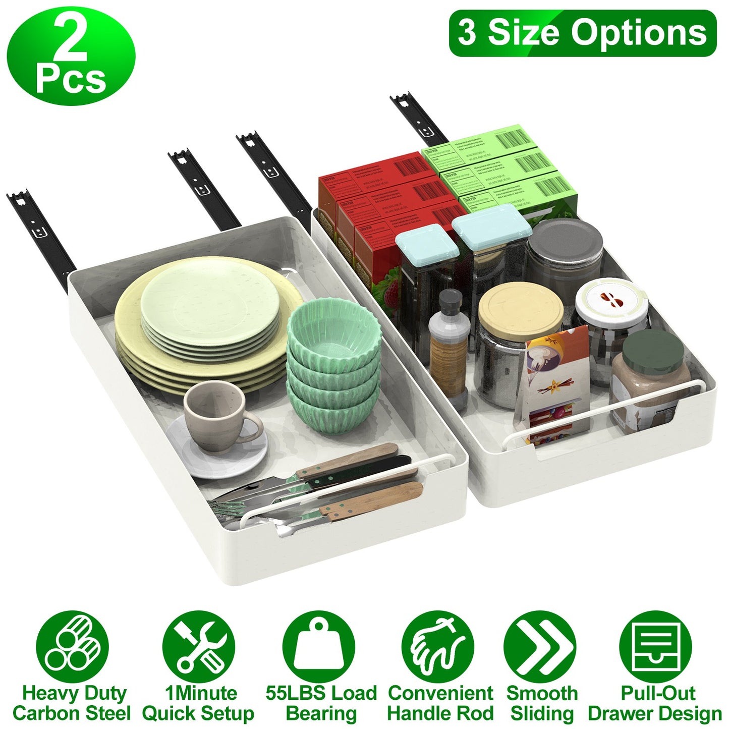 Pull Out Cabinet Organizers - 2 Pack Carbon Steel Sliding Drawers