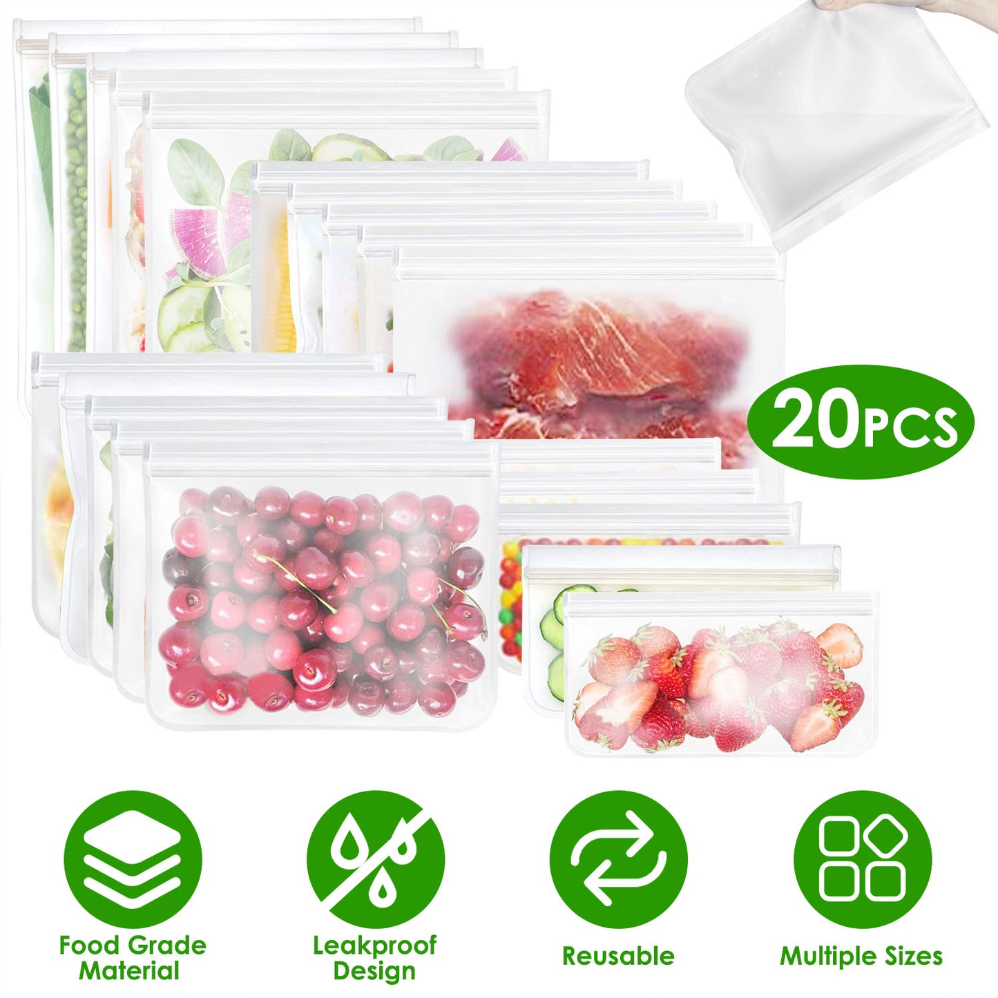 Reusable Food Storage Bags Set of 20 - Leakproof PEVA Freezer Bags