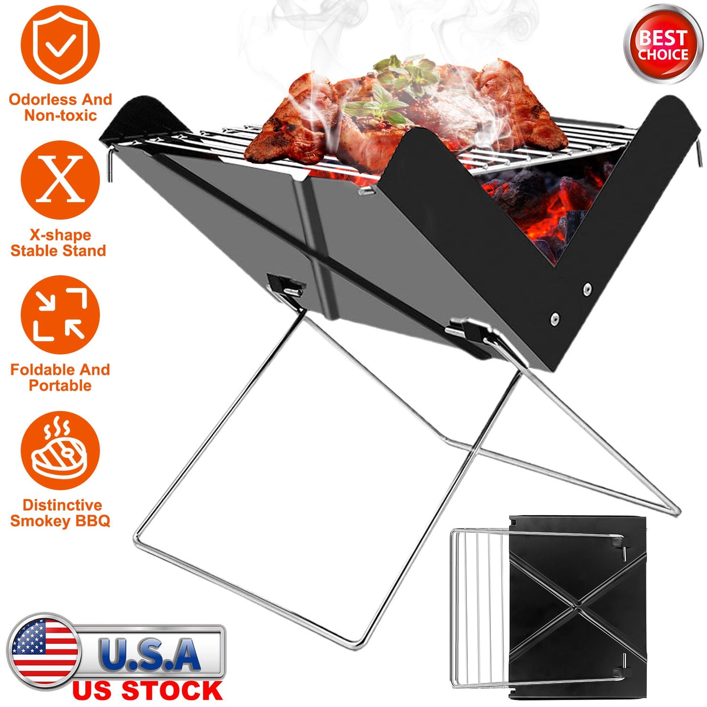 Foldable Charcoal BBQ Grill - Portable X-Shape Design