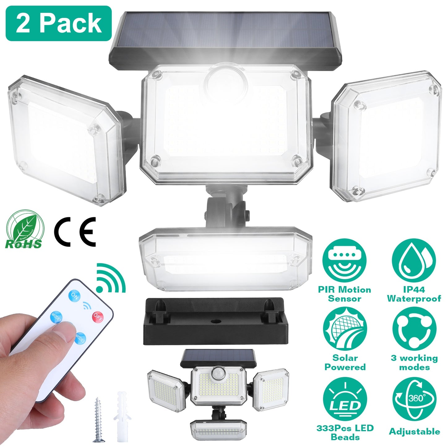 Solar Motion Sensor Wall Light 2-Pack with 333 LED Beads