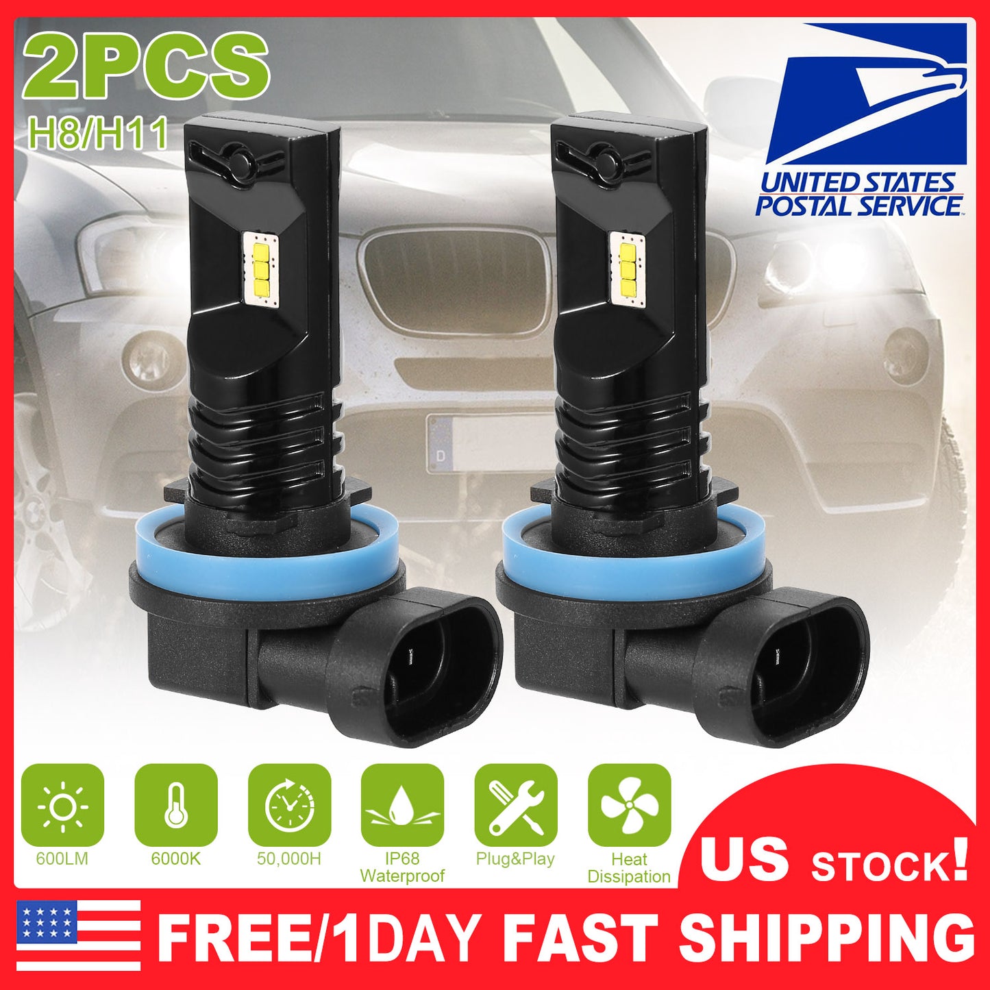 H8/H9/H11 LED Fog Light Bulbs 6000K White 600LM (2-Pack)