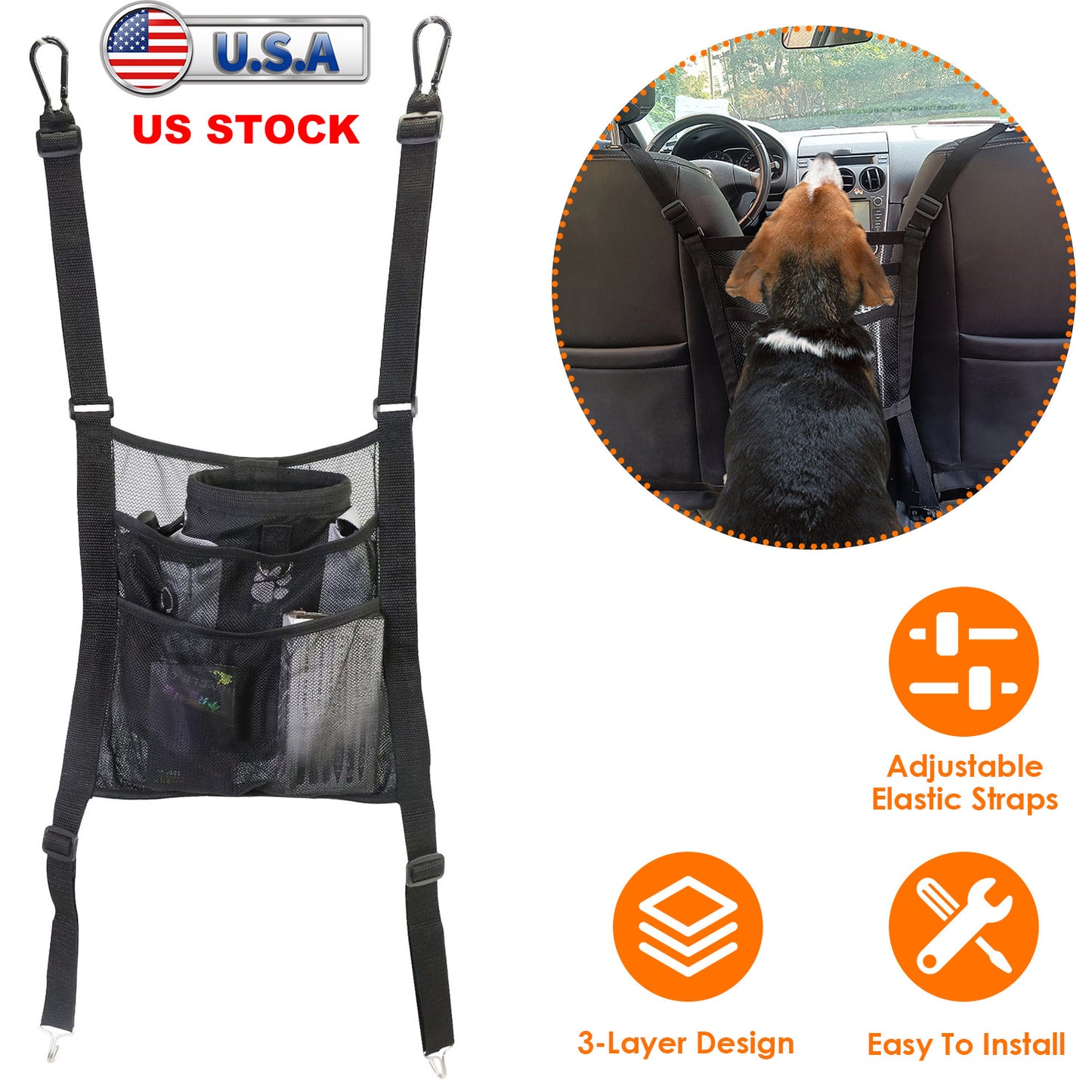 Car Mesh Organizer 3-Layer Seat Back Storage Net with Pet Barrier