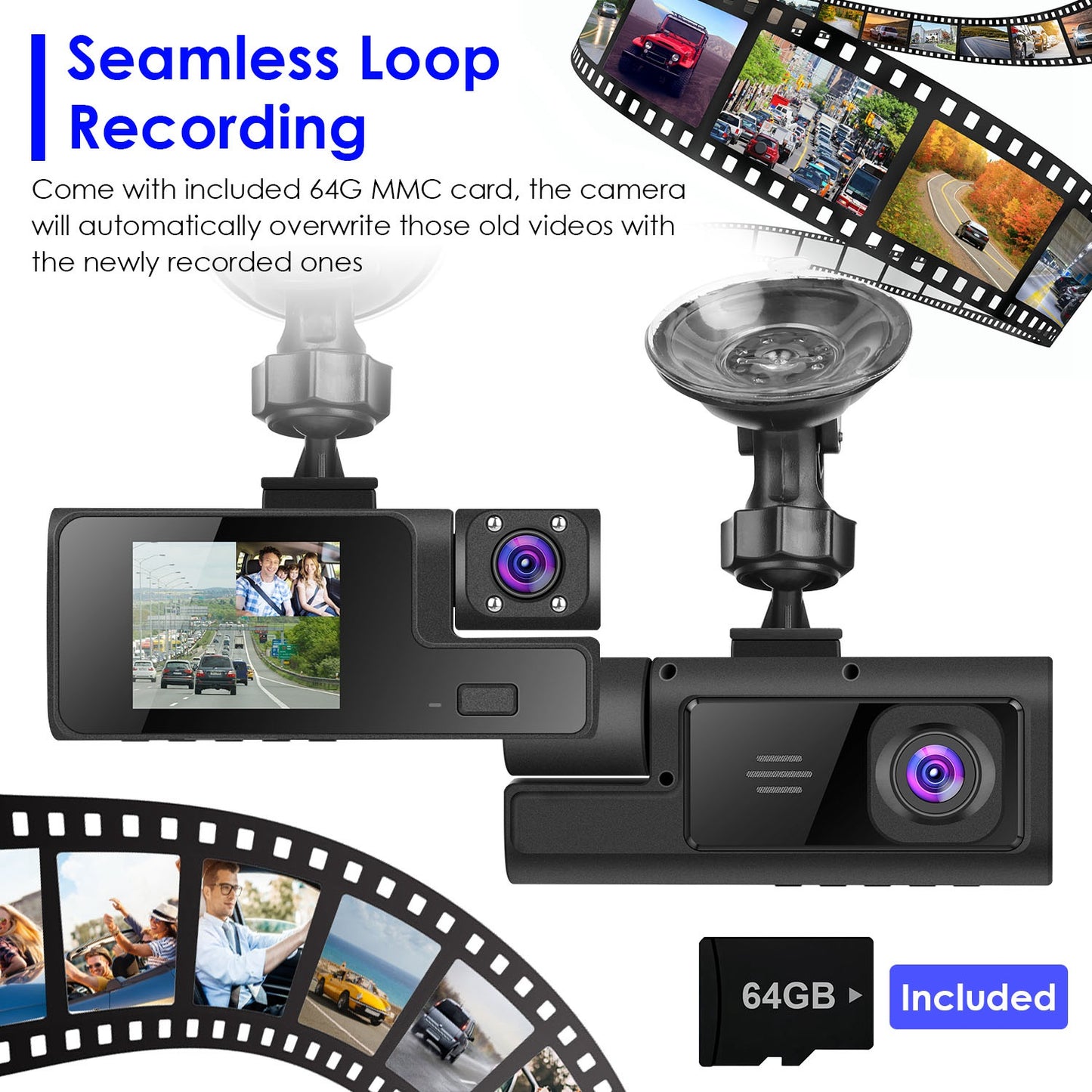 3-Channel Dash Cam with WiFi, 1080P Front & Rear Cameras