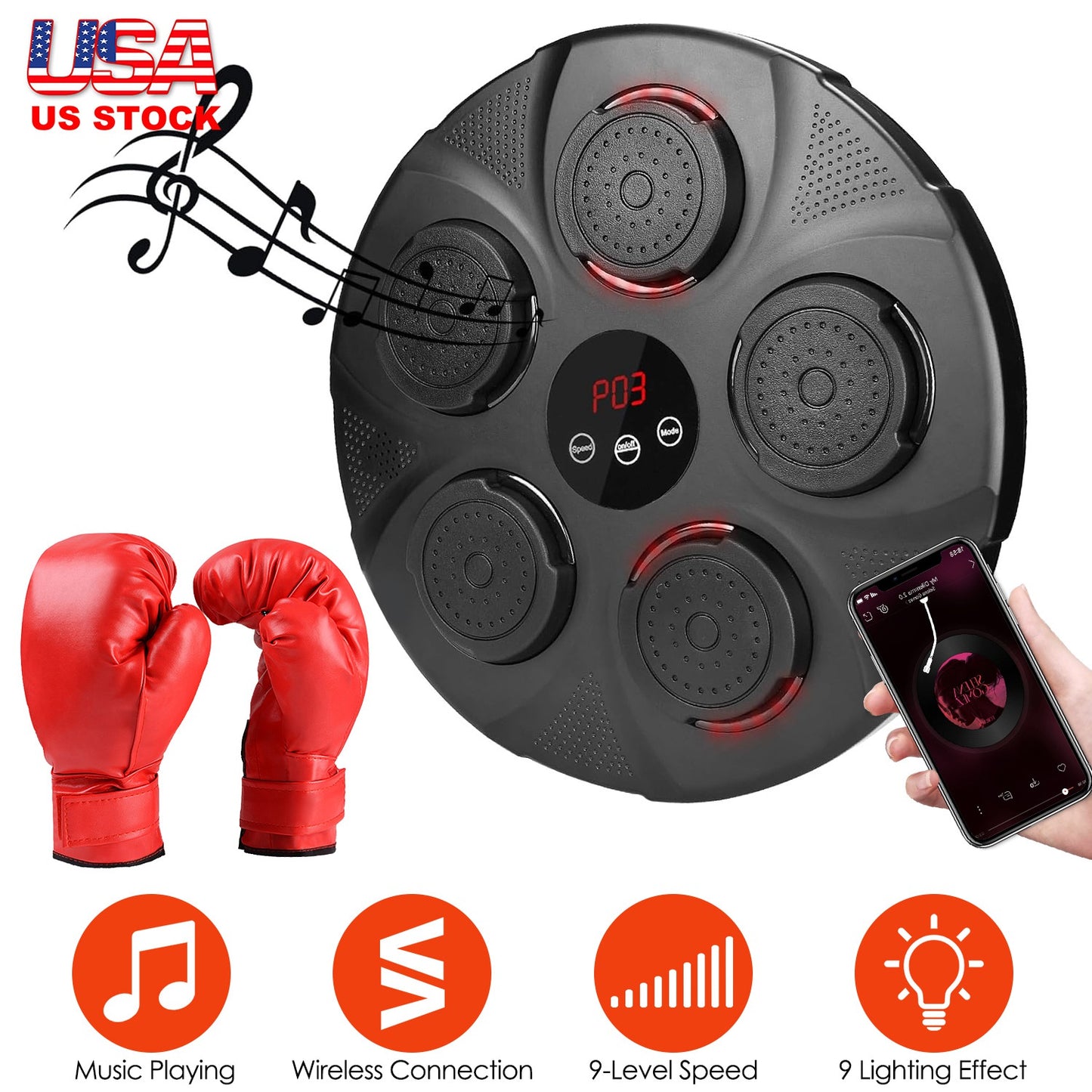 Music Boxing Machine with LED Lights and Bluetooth Speaker