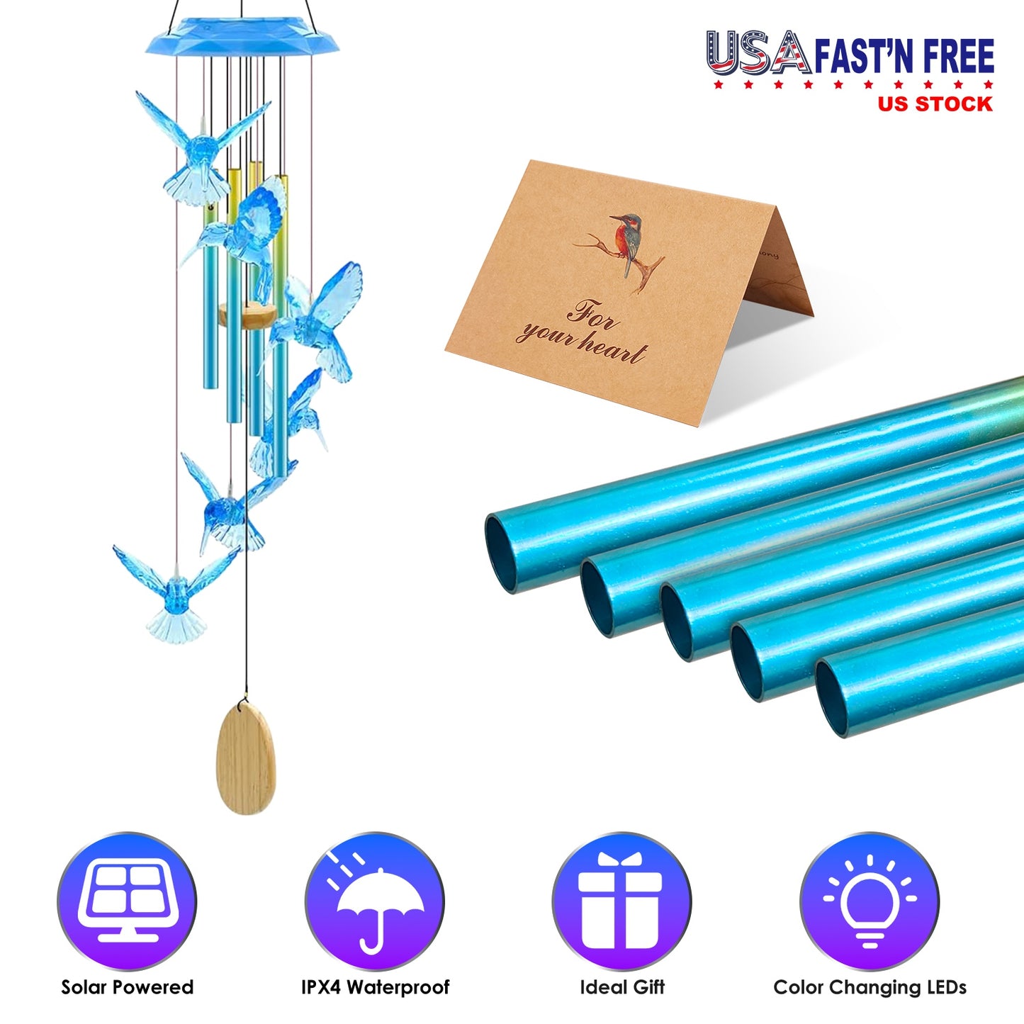 Solar Wind Chime with Color-Changing LED Lights & Aluminum Tubes