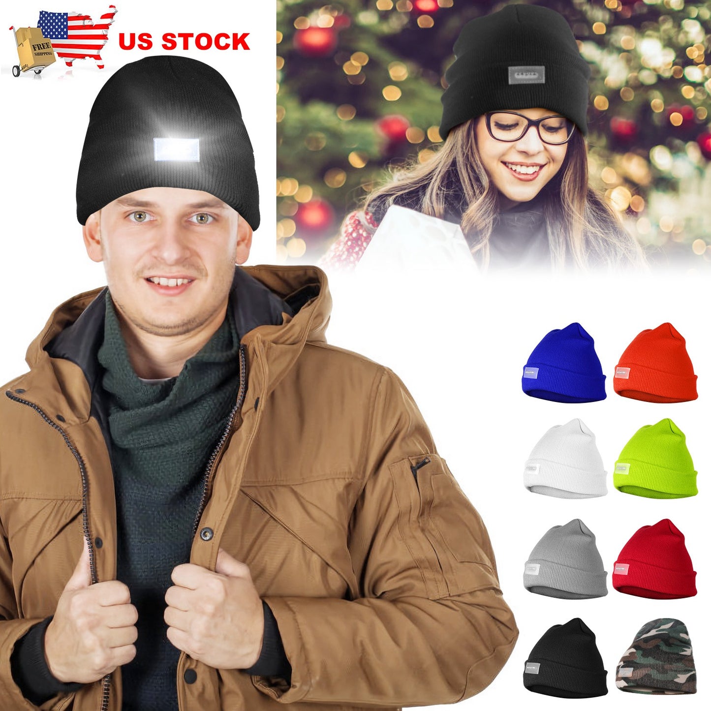 LED Knitted Beanie with Built-In Headlamp for Hands-Free Light