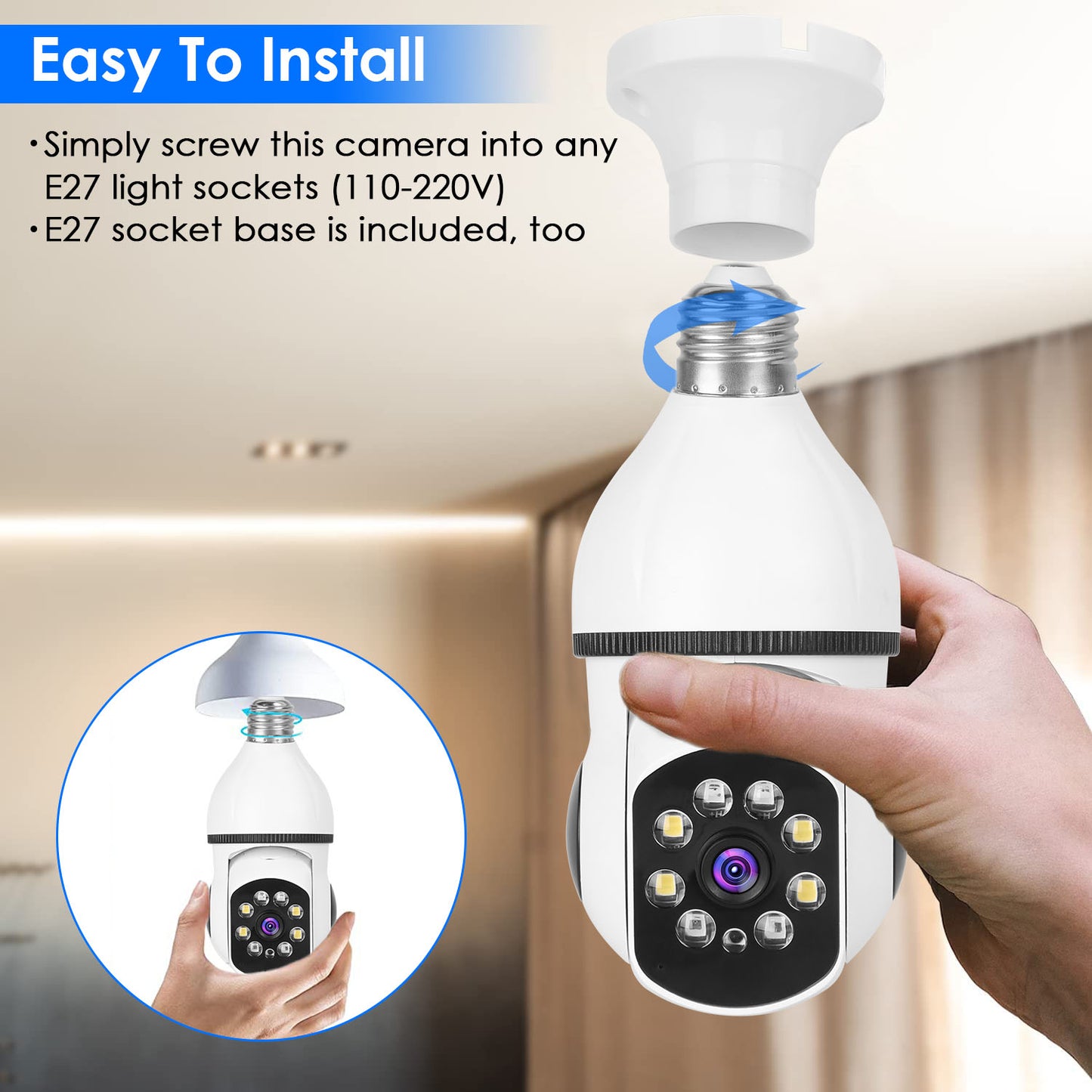 E27 WiFi Bulb Security Camera 1080P with Pan Tilt & Night Vision