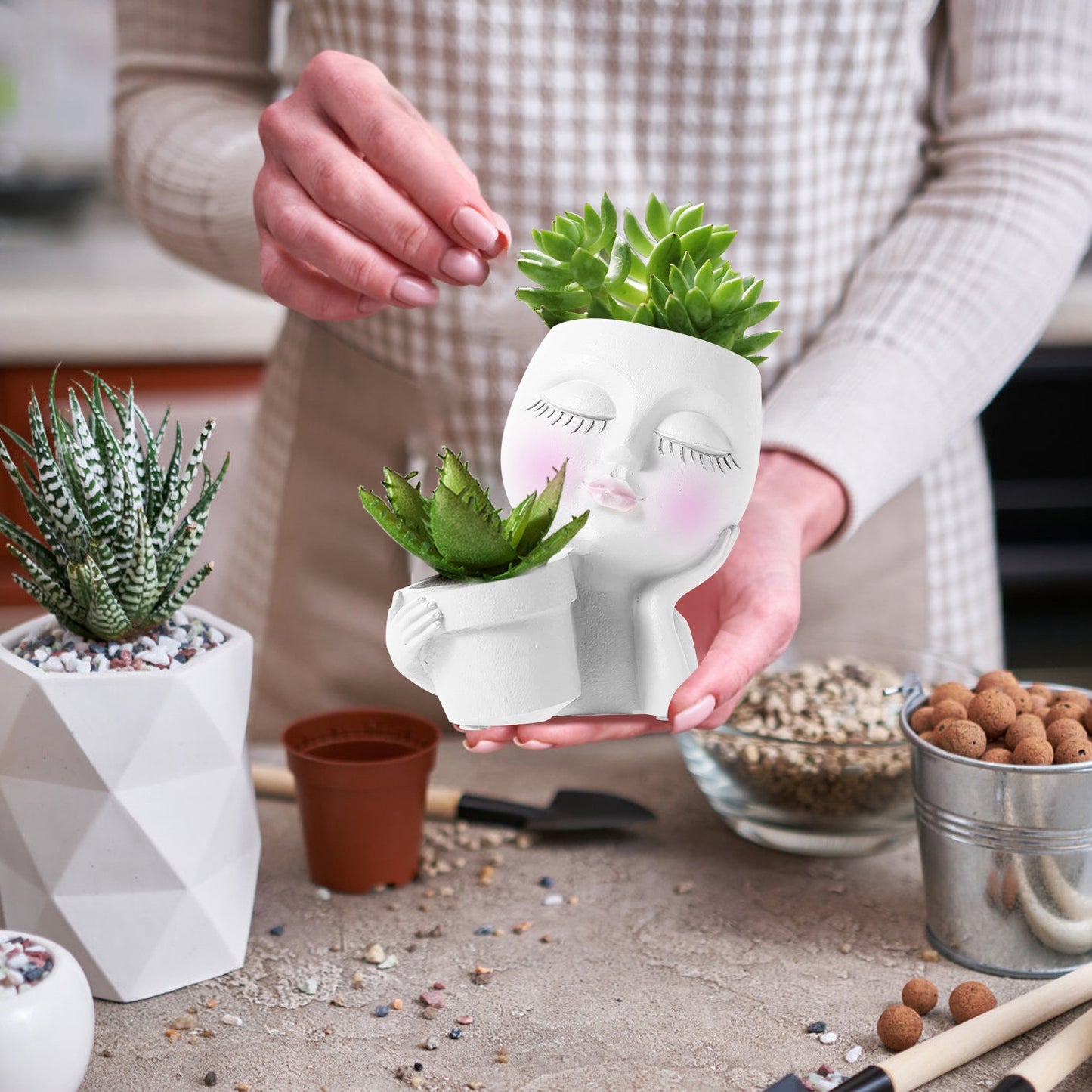 Girl Face Planter Pot with Dual Opening & Drainage Hole