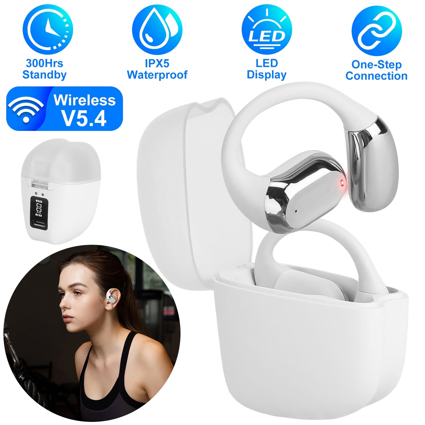 Open Ear Wireless Earbuds with LED Display & 300Hr Standby